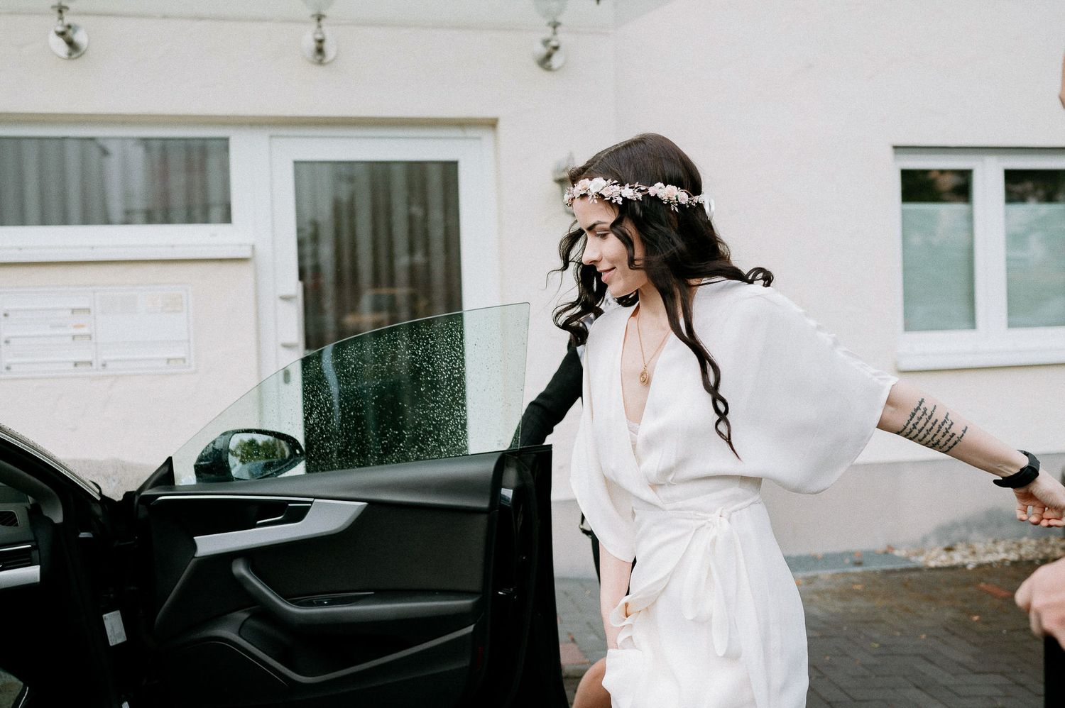 Artistic wedding photography sequence showing a bride in a flowing white dress against a light background.