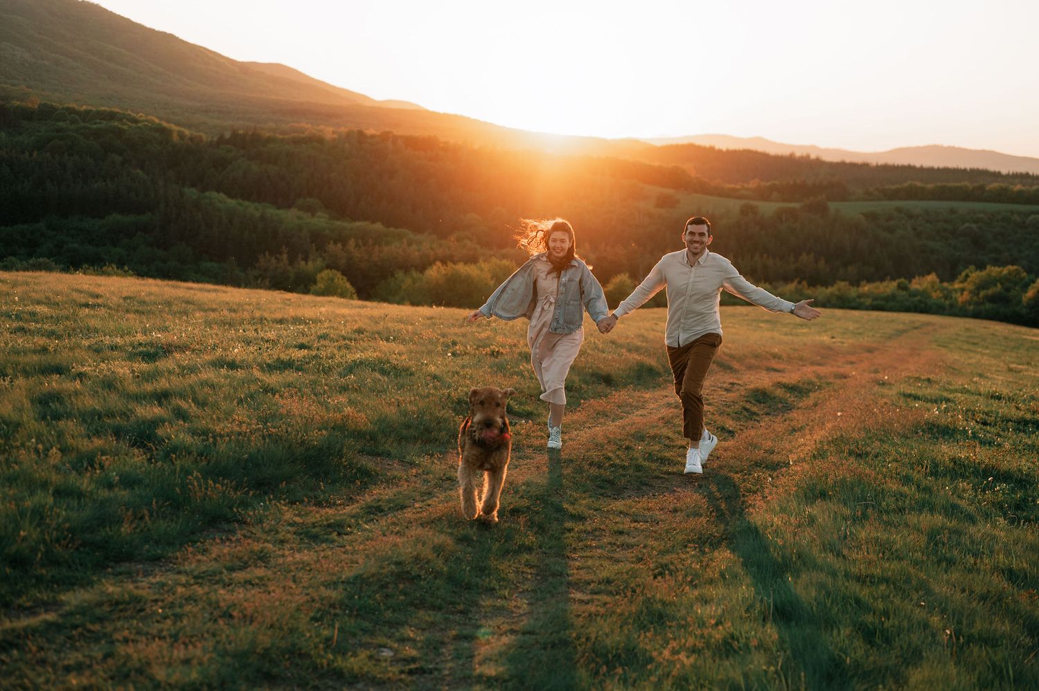 Silhouettes of people walking on a grassy hillside at golden sunset with mountains in the background.