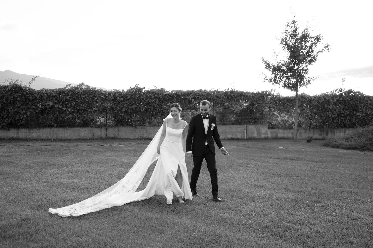 A couple in wedding attire walks through a scenic outdoor field with mountains in the background.