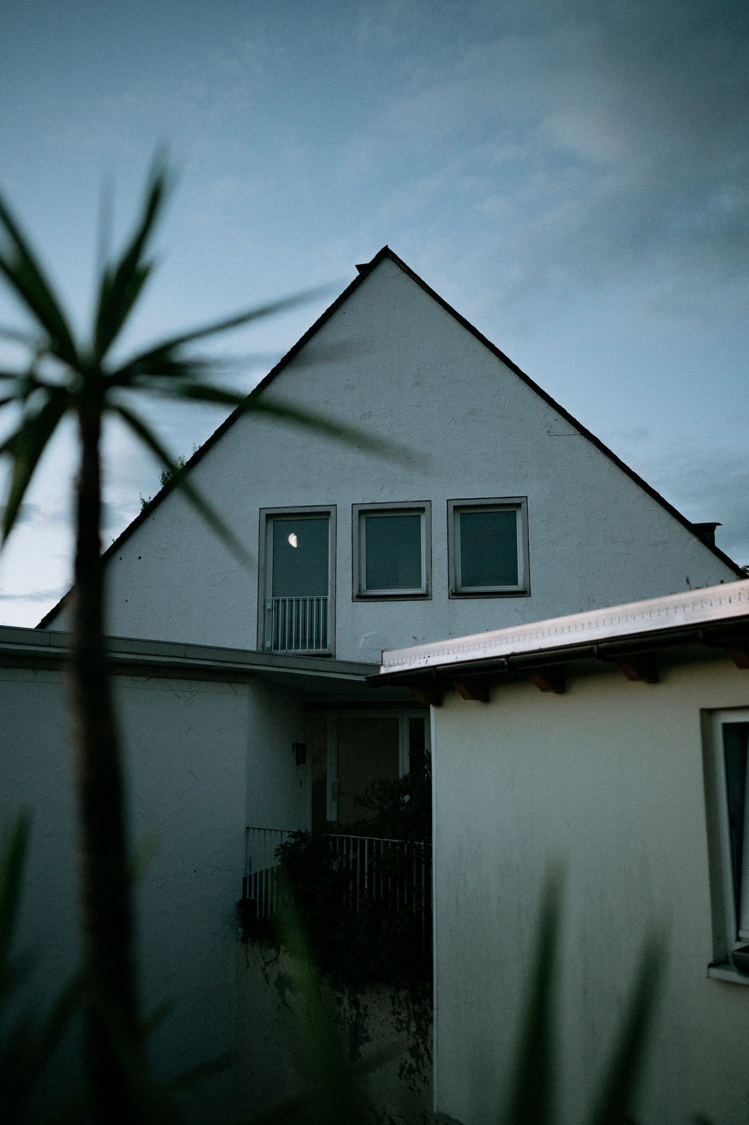 White house with dormer windows silhouetted against moody sky with palm tree leaves in foreground.
