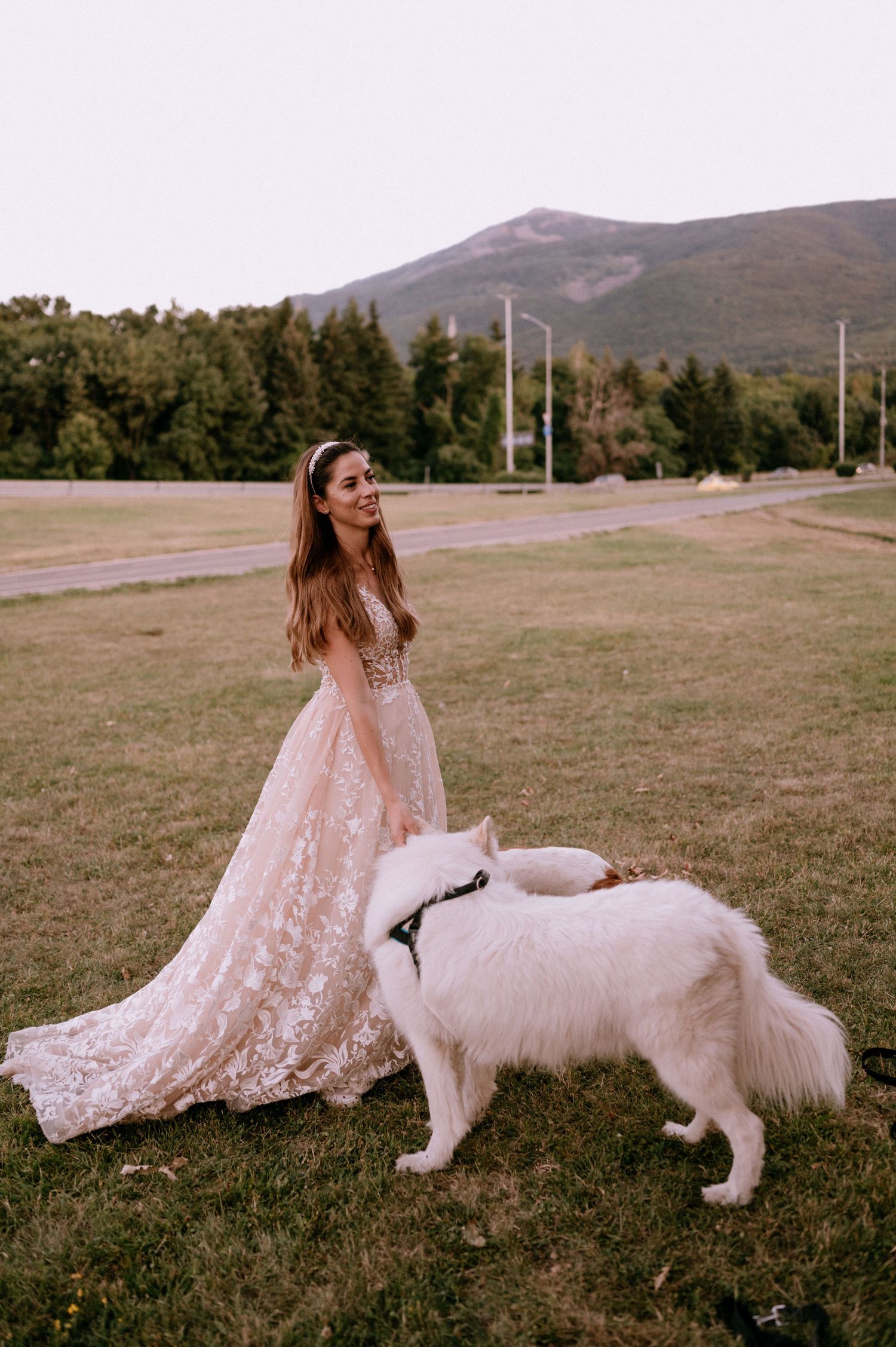 Person in lace dress plays with white fluffy dog in mountain field during sunset.