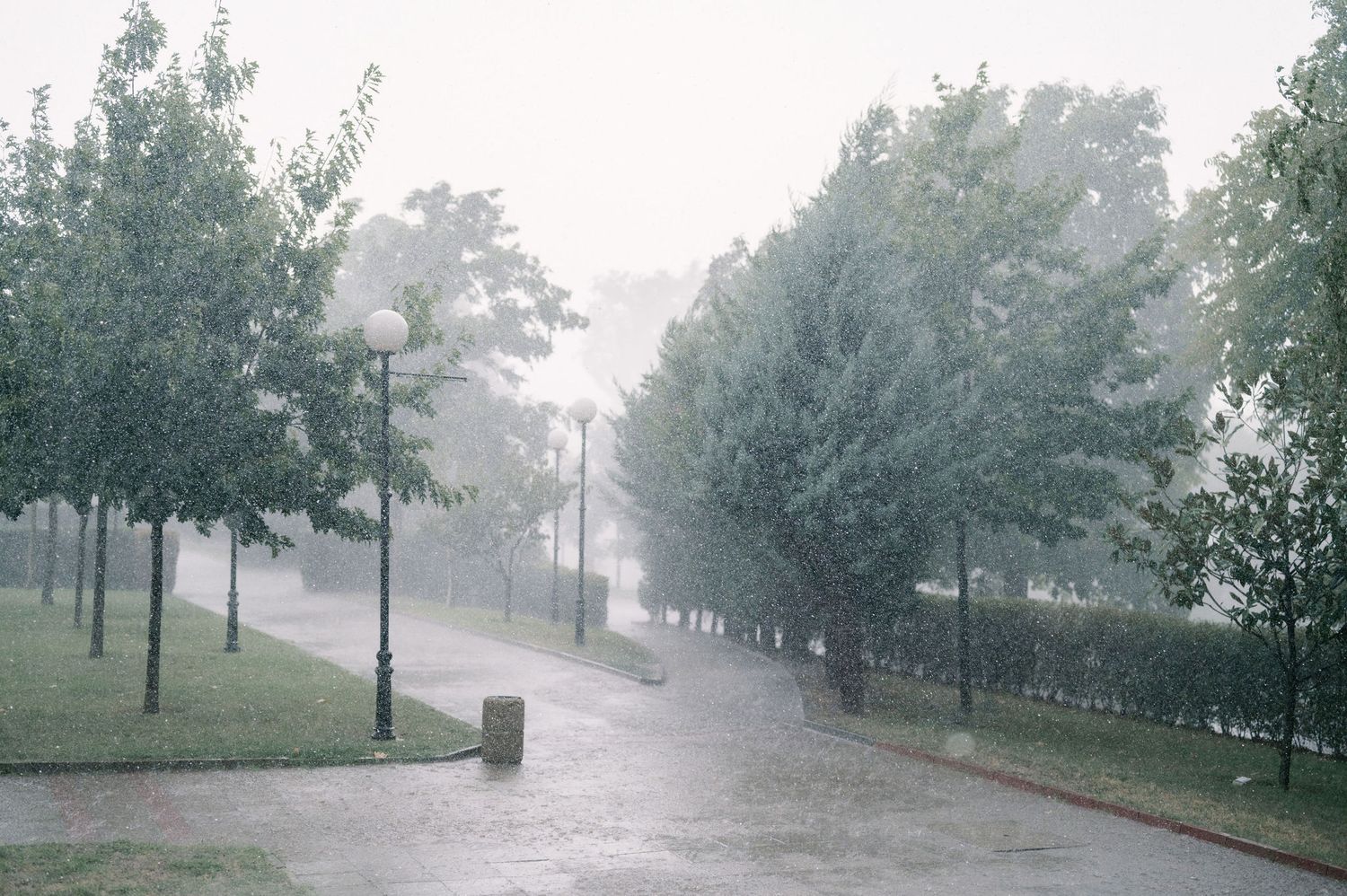 Heavy rain and fog create a misty atmosphere in a park with trees and lampposts along a walking path.