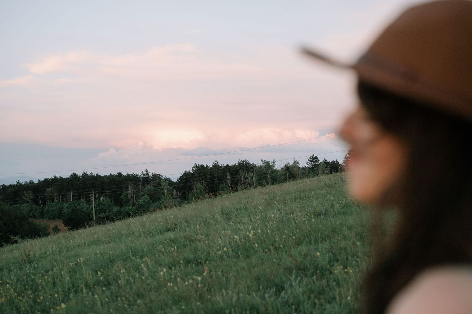 A young woman in a brown hat gazes at a lush green hillside under a pastel pink sunset sky.