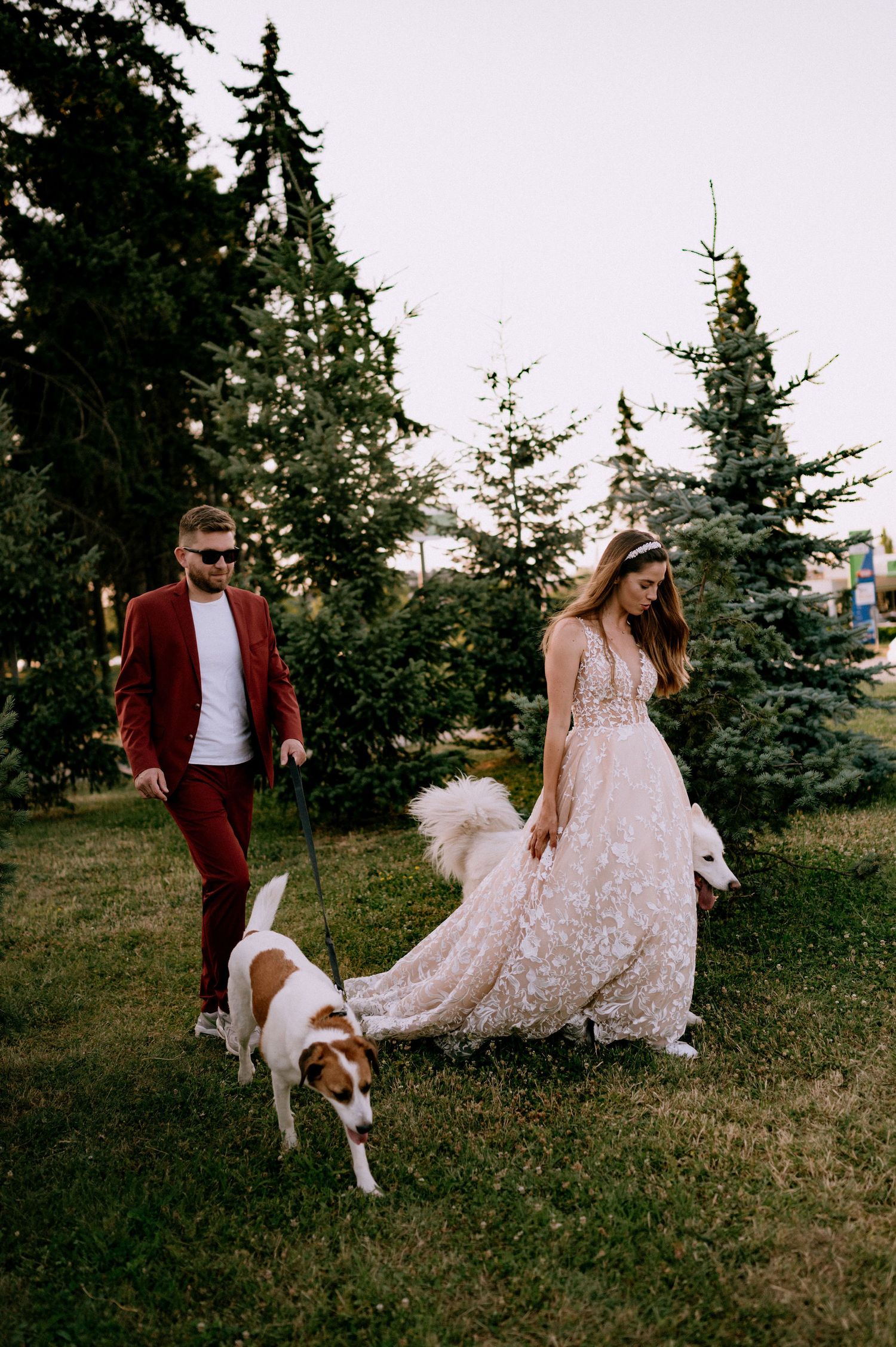 A romantic wedding photo session in a park with white dogs joining the couple.