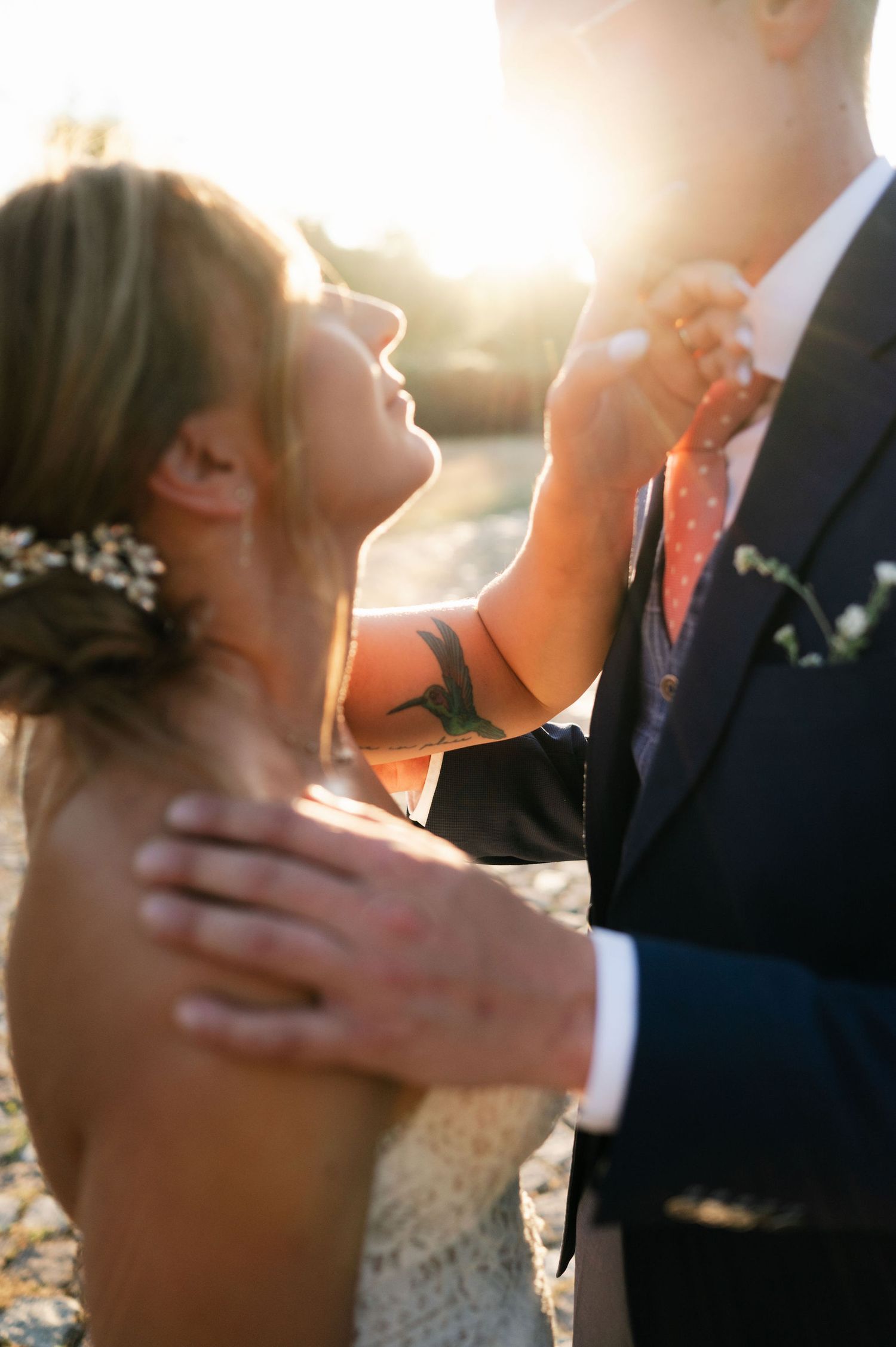 Artistic wedding photography sequence capturing romantic moments in golden hour light.