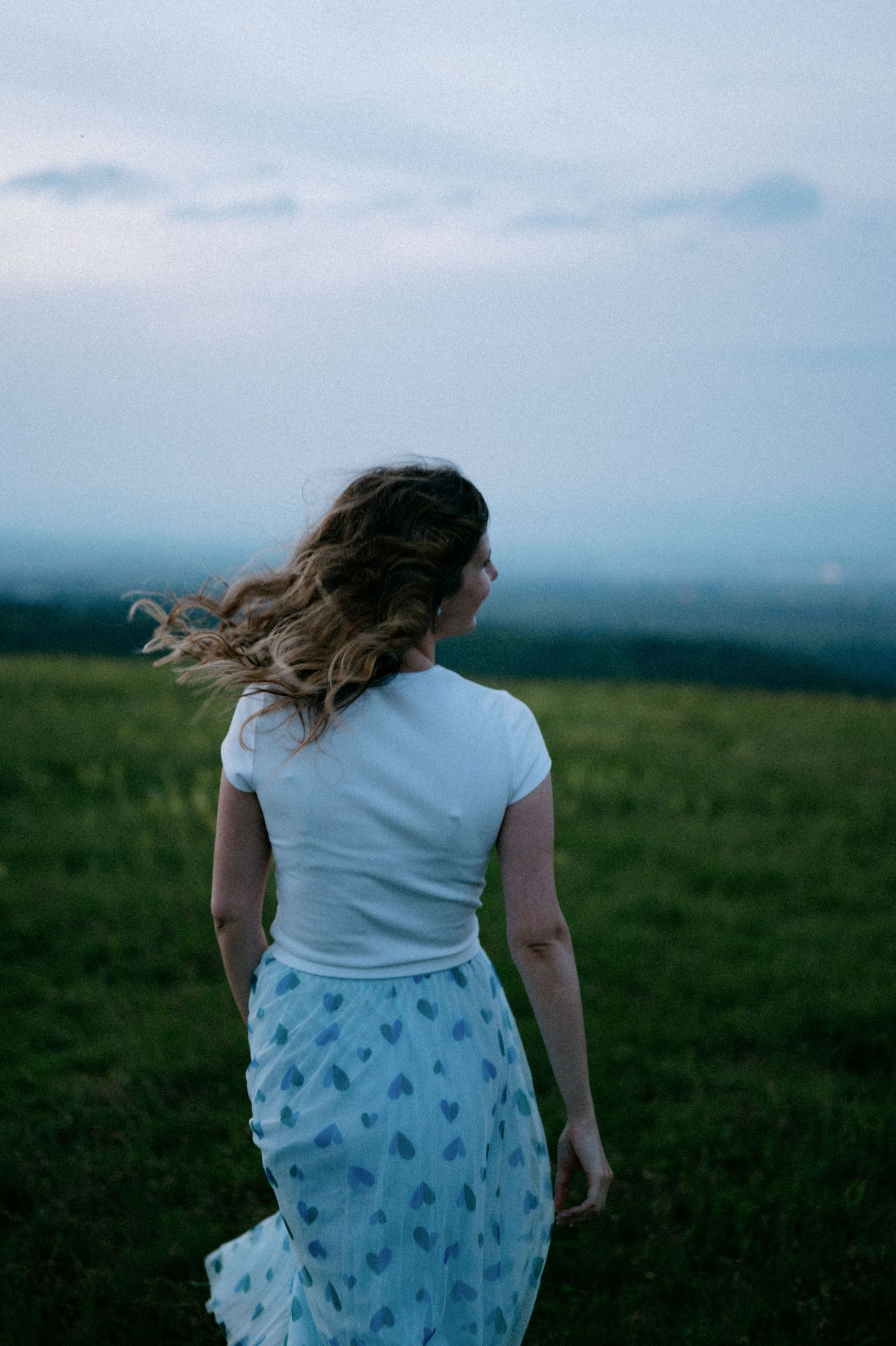 A person in a flowy heart-patterned skirt stands on a hilltop at dusk.