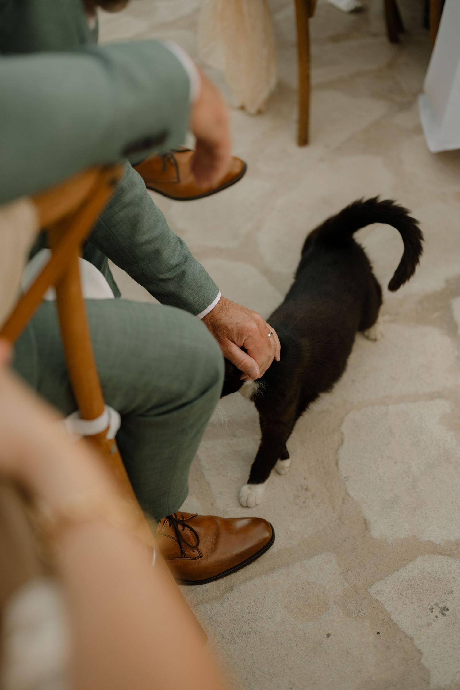Man in green suit and brown dress shoes petting a small black dog on a marble floor at a wedding.