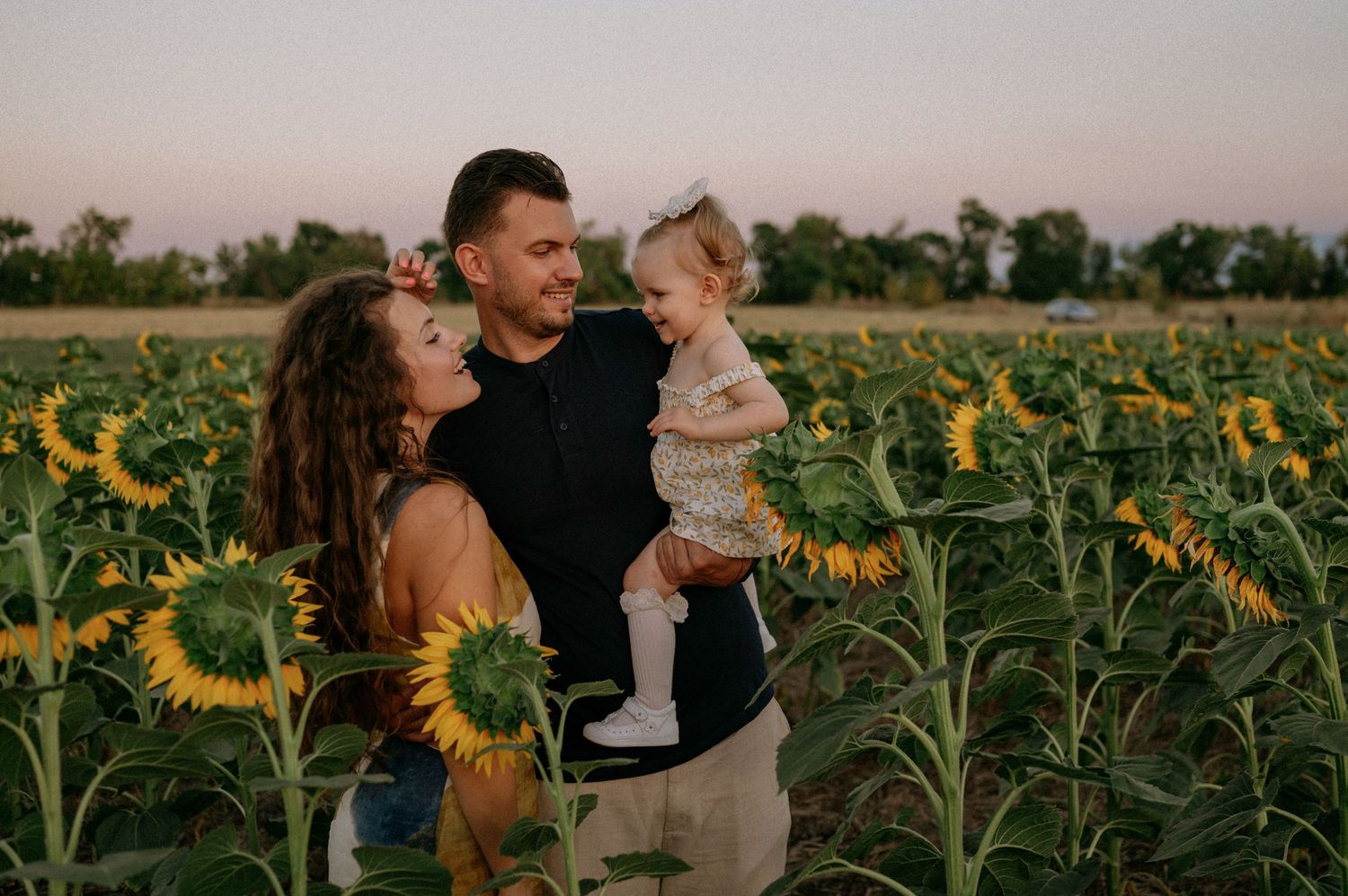 Family of three posing in a sunflower field at sunset, parents smiling at toddler held in fathers arms.