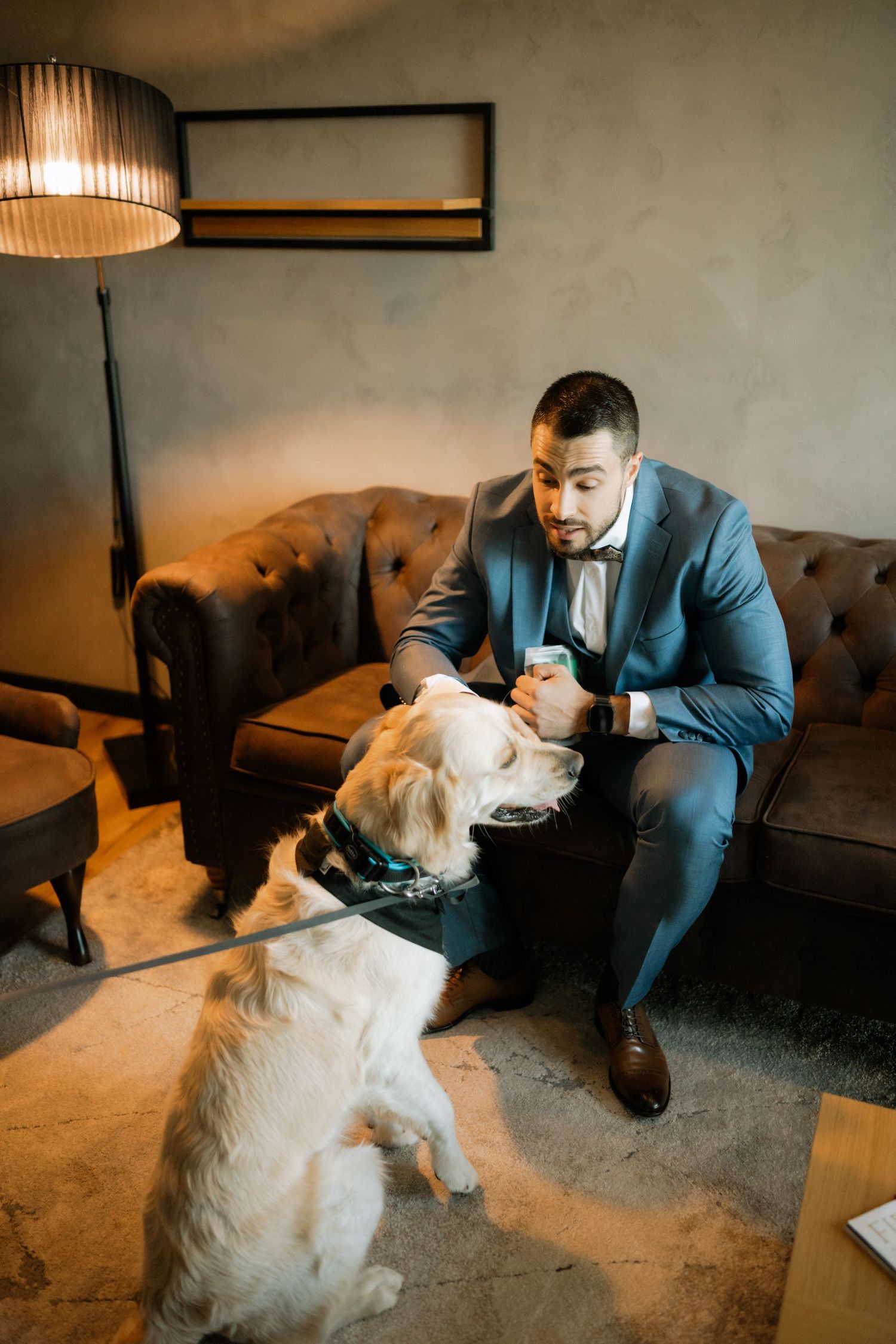 Person in blue suit sitting on couch lovingly pets and interacts with fluffy white dog in warm-lit room.