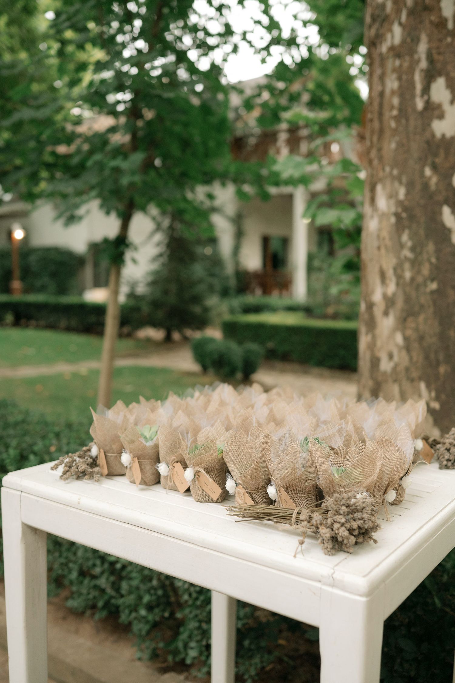 White wooden display shelves mounted outdoors showcase dried flowers and natural elements against a green garden backdrop.