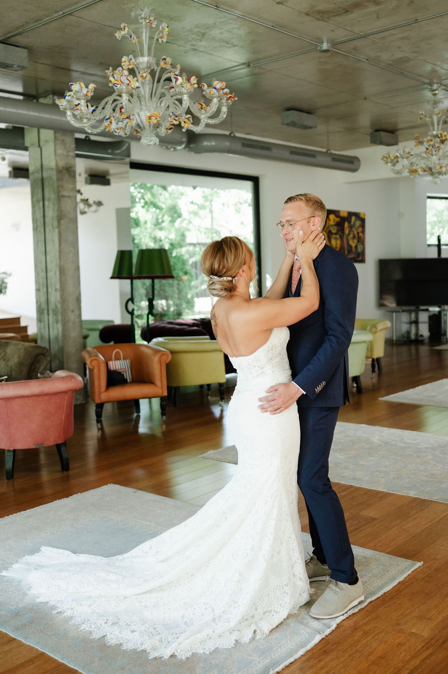 A romantic dance sequence showing flowing white dress movement in an elegant venue.