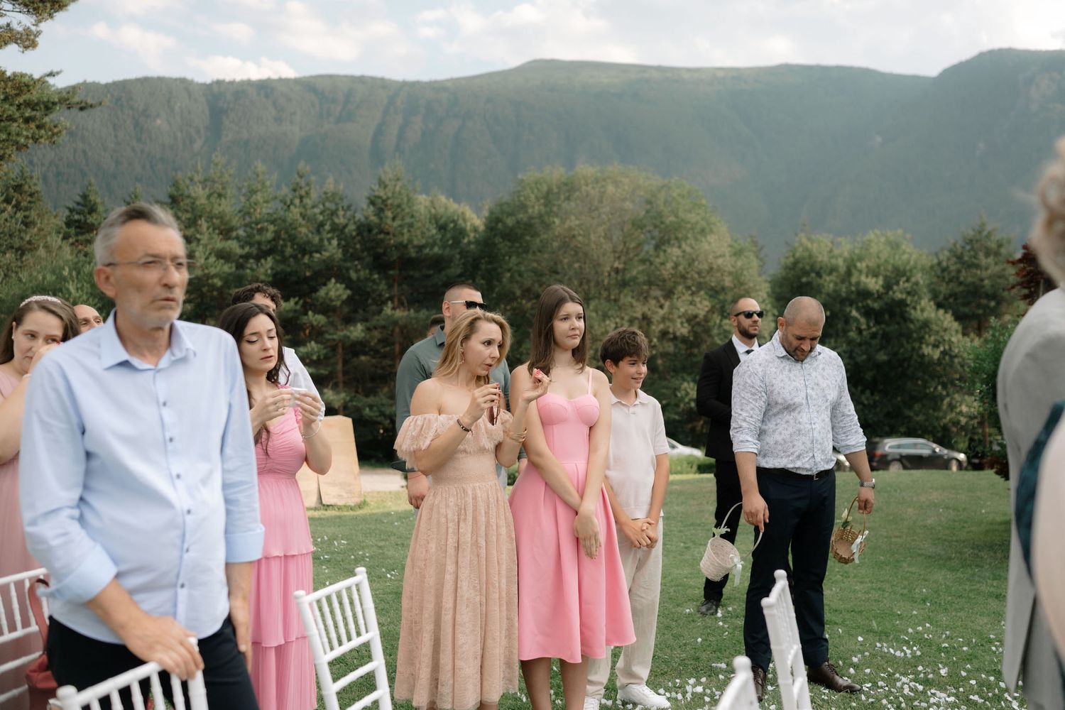 Wedding party stands in line on grassy lawn with mountain backdrop during outdoor celebration.