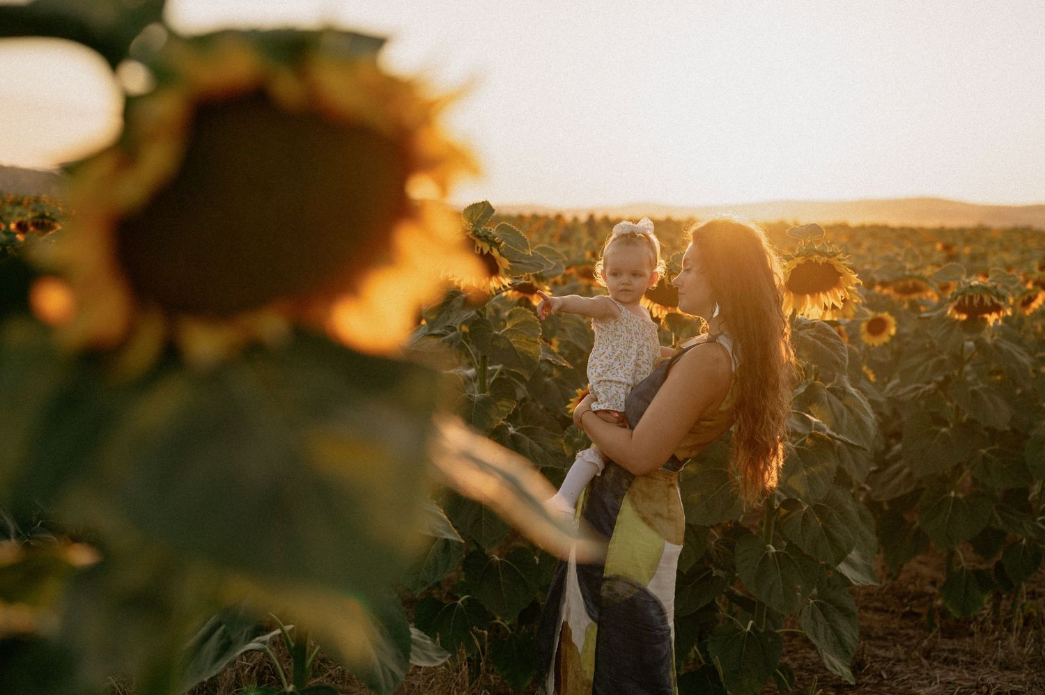 Mother holding toddler in golden sunflower field at sunset, warm light glowing behind them.