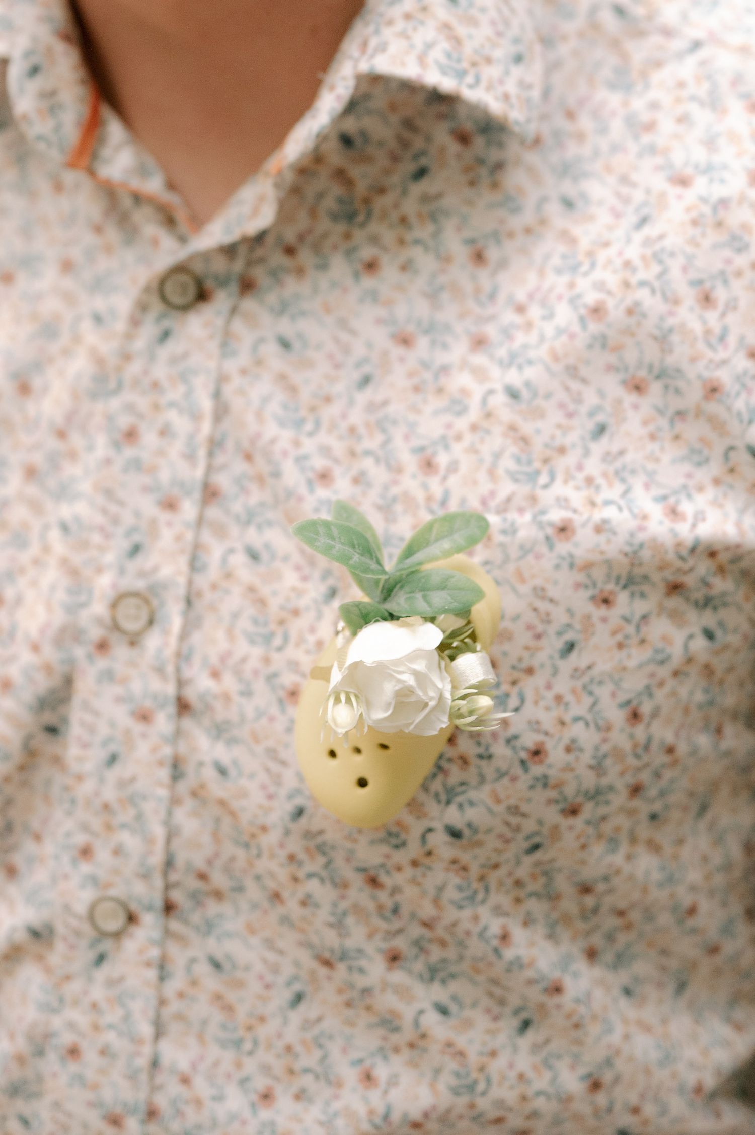 A series of photos showing a small white flower gradually emerging from a floral patterned fabric background.