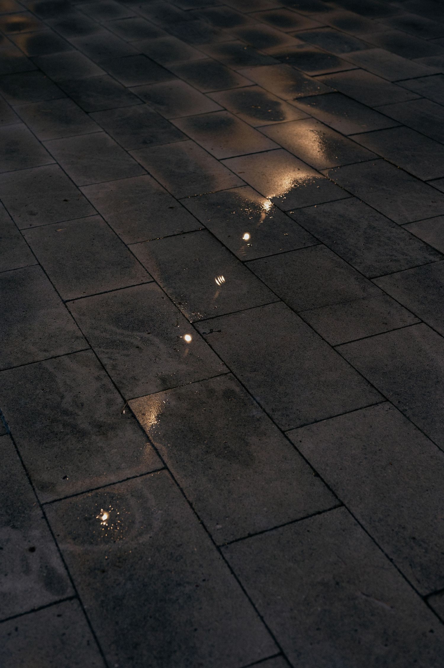 Dark stone tile floor with scattered reflections from overhead lighting.
