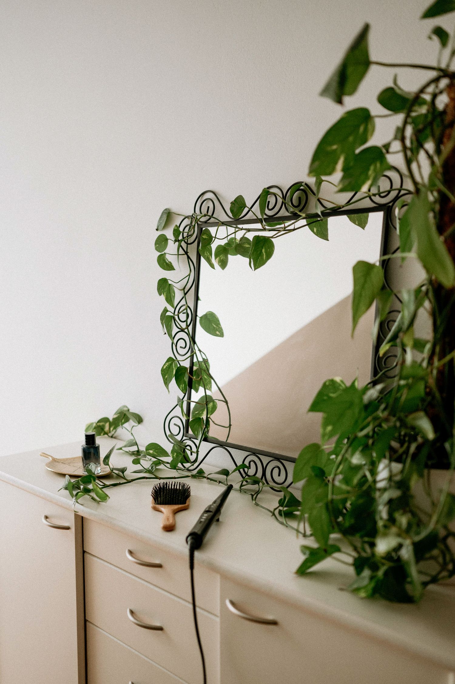 Decorative mirror with vine plants and dresser in minimalist white room setting.