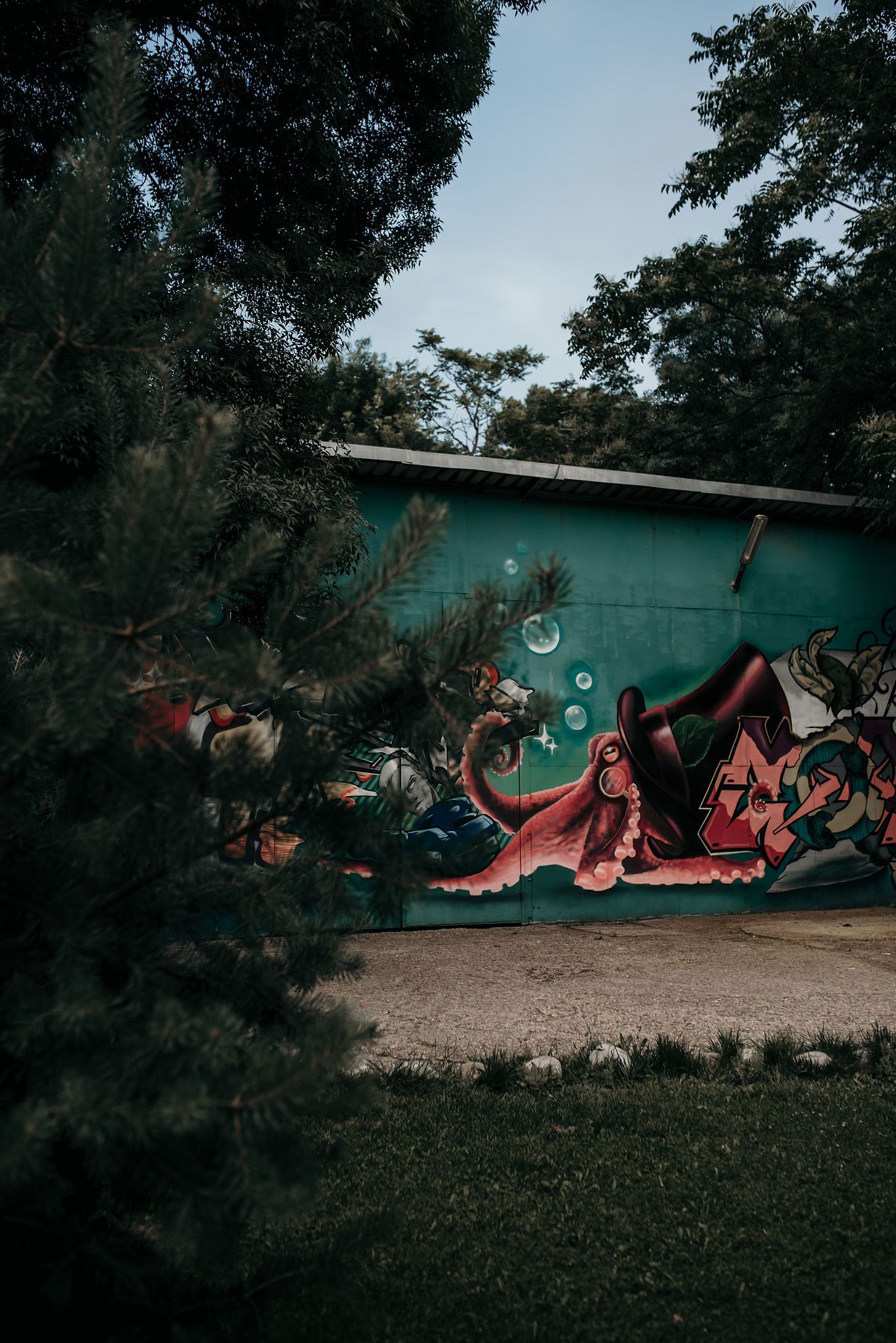 Long outdoor wall decorated with colorful graffiti mural art in muted evening lighting.
