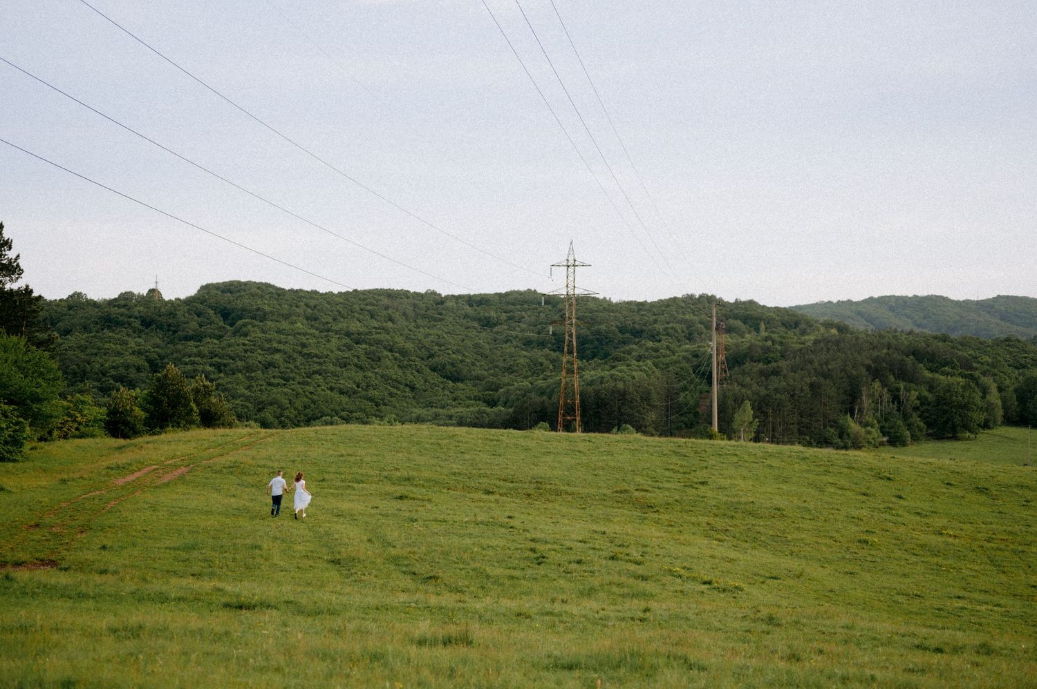 Panoramic view of a grassy meadow with electrical transmission towers and forested hills in the background.