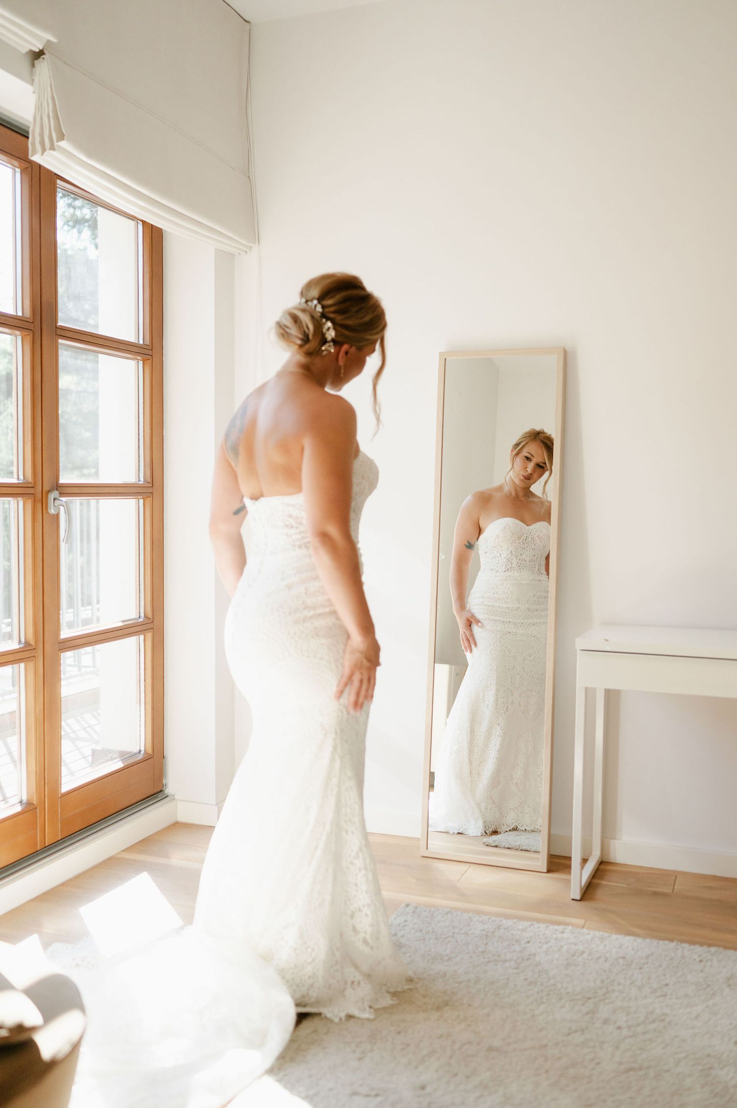 Sequential photos showing the movement and flow of a white wedding gown in natural light.