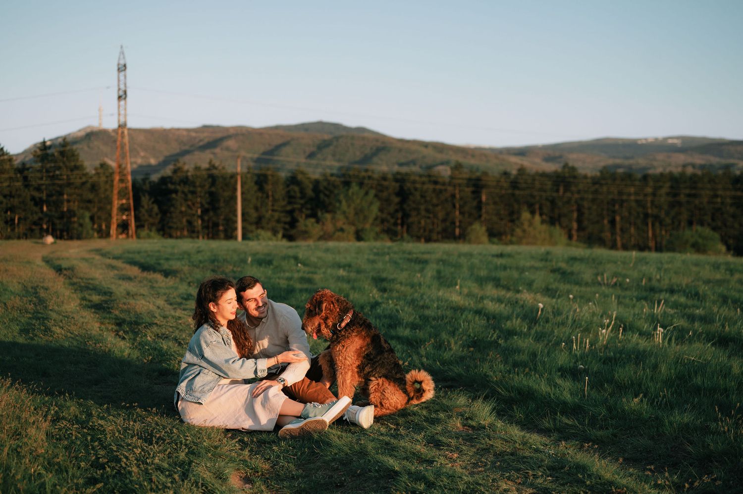 A couple relaxes with their golden retriever dog in a scenic mountain meadow during golden hour.