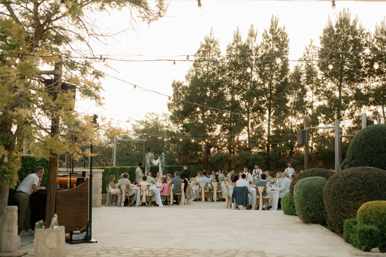 Elegant outdoor garden party with guests gathered among tall trees and string lights at dusk.