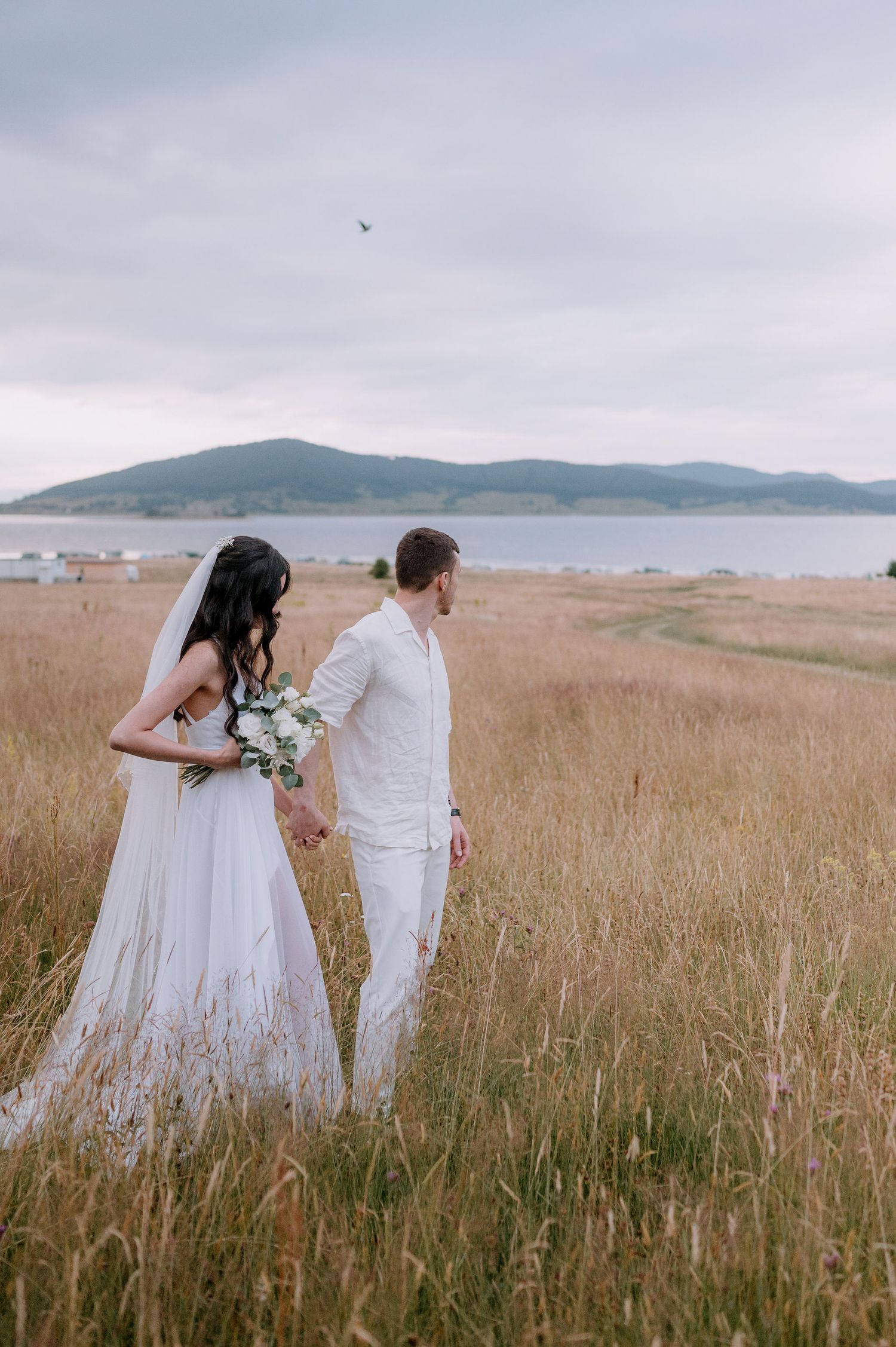 A couple sharing tender moments in a seaside meadow with mountains on the horizon.