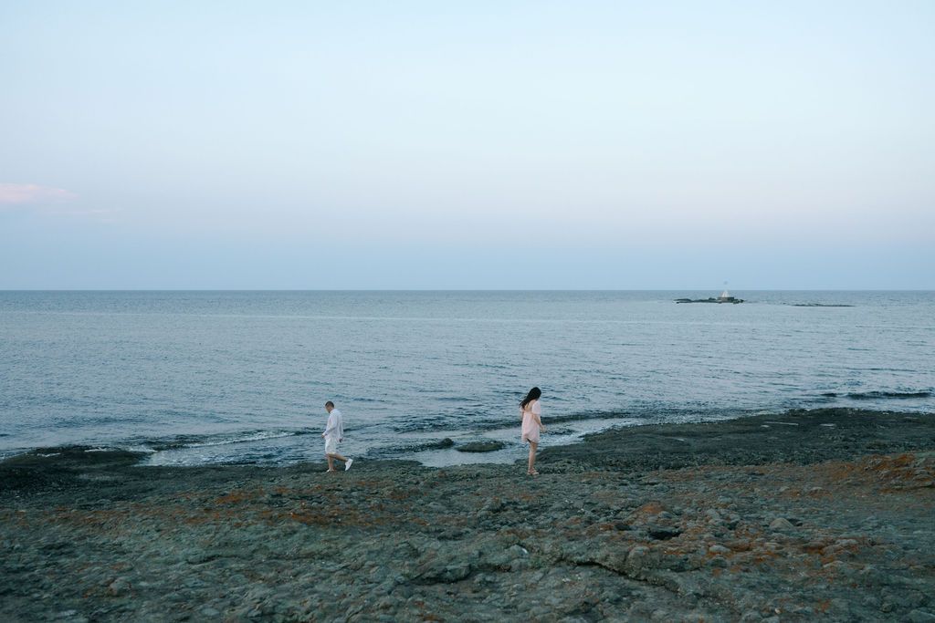 A tranquil seascape shows seagulls gathering near the rocky shoreline at dusk.