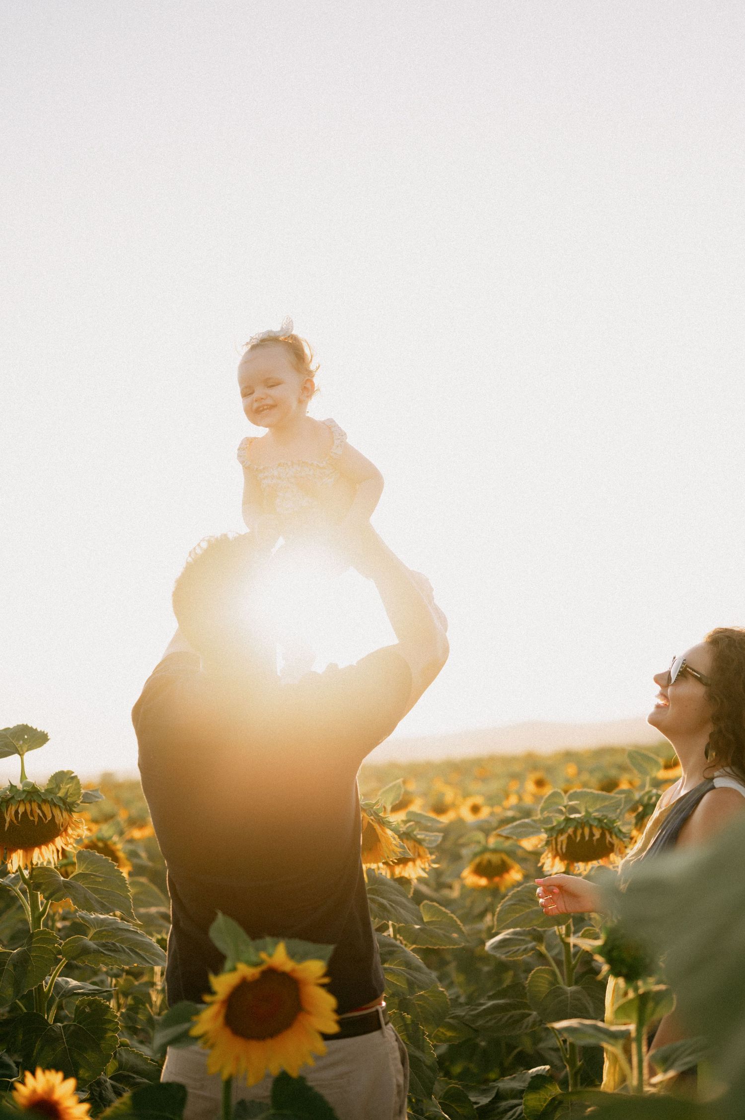 Family enjoying golden hour in a sunflower field, father lifting baby overhead while mother watches warmly.