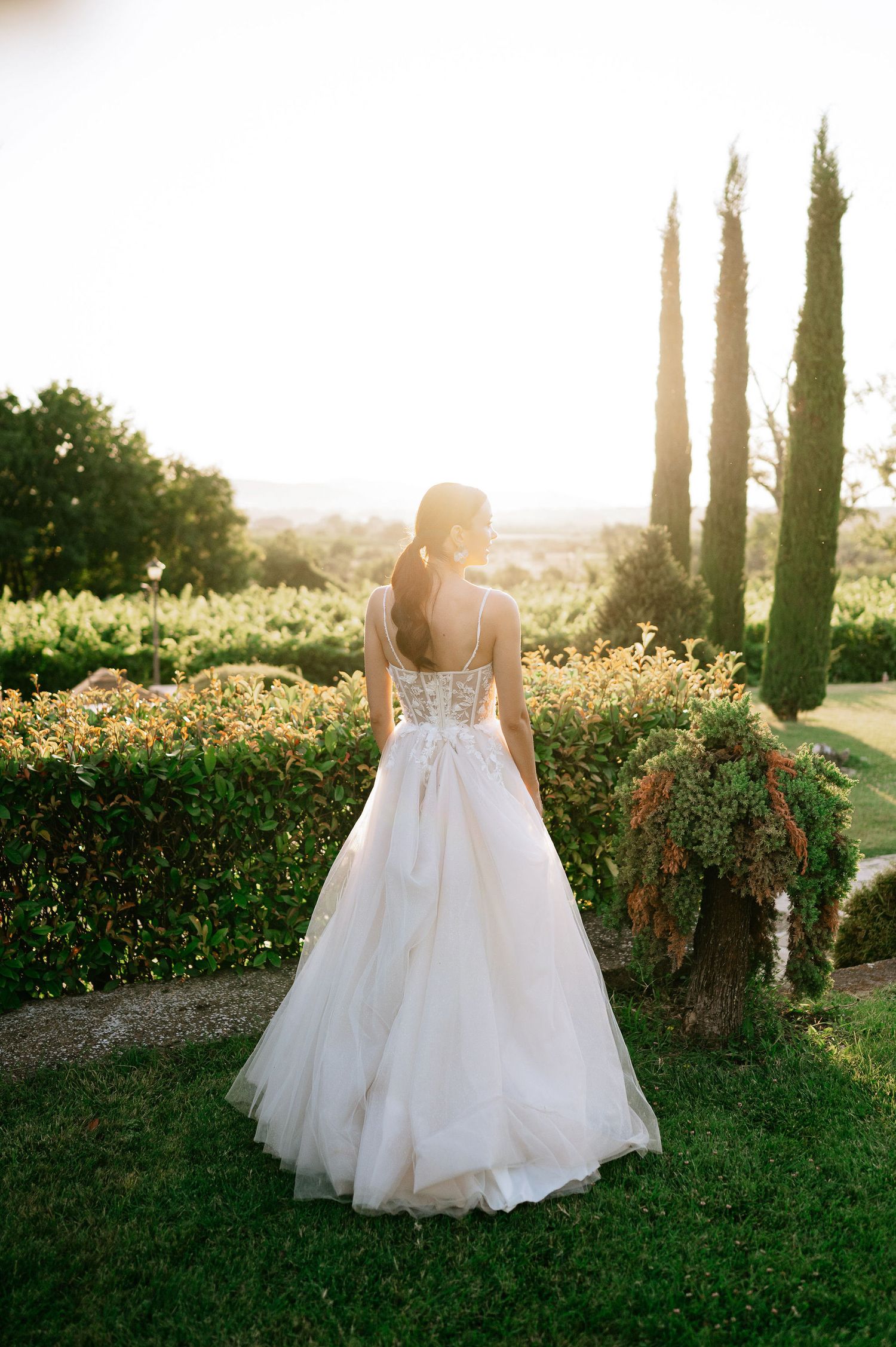 Back view of a wedding dress with intricate lace details captured in a sunlit garden setting.
