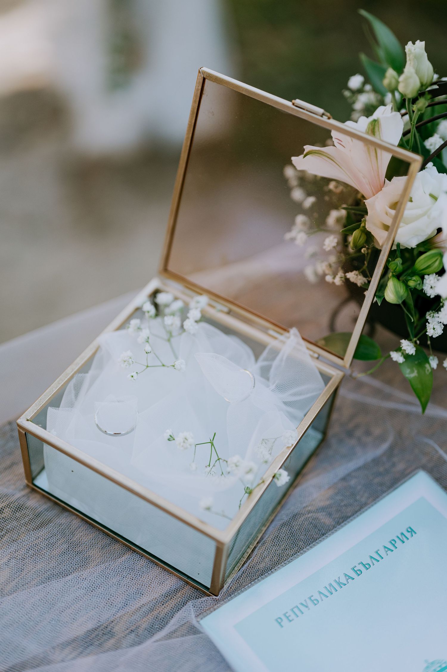 A delicate glass display box with floral decorations and wedding details.