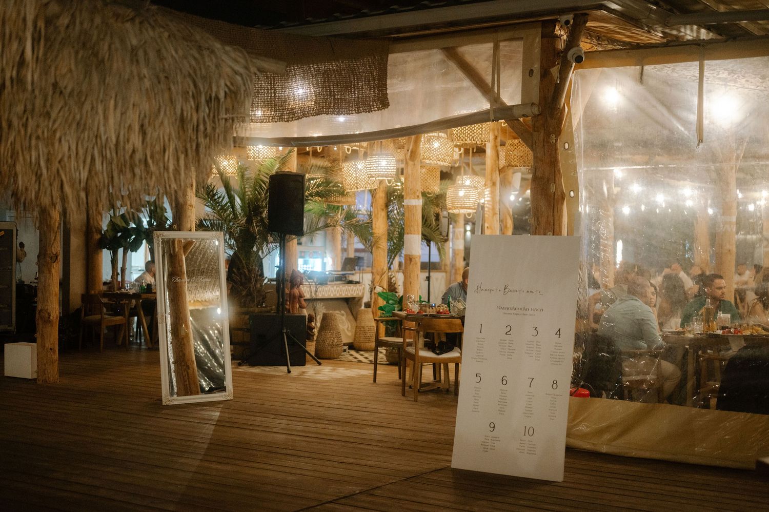 Rustic outdoor restaurant patio with warm lighting, thatched roof, and clear plastic weather barriers at night.