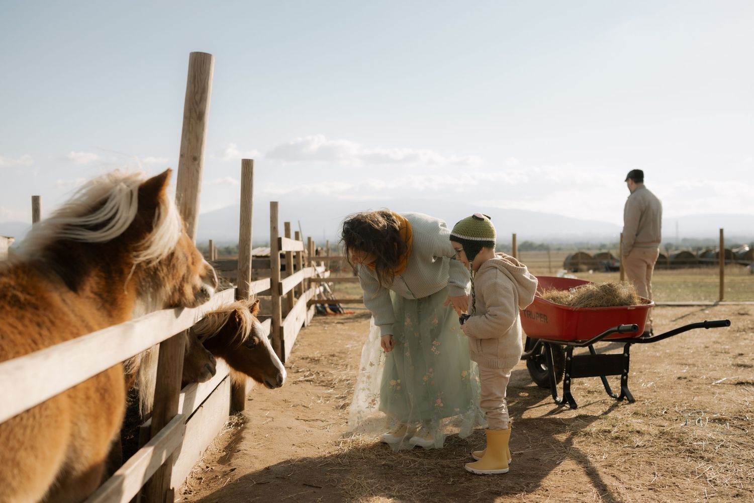 A panoramic view of a desert ranch with wooden fences, horses, and rustic buildings in the dusty landscape.