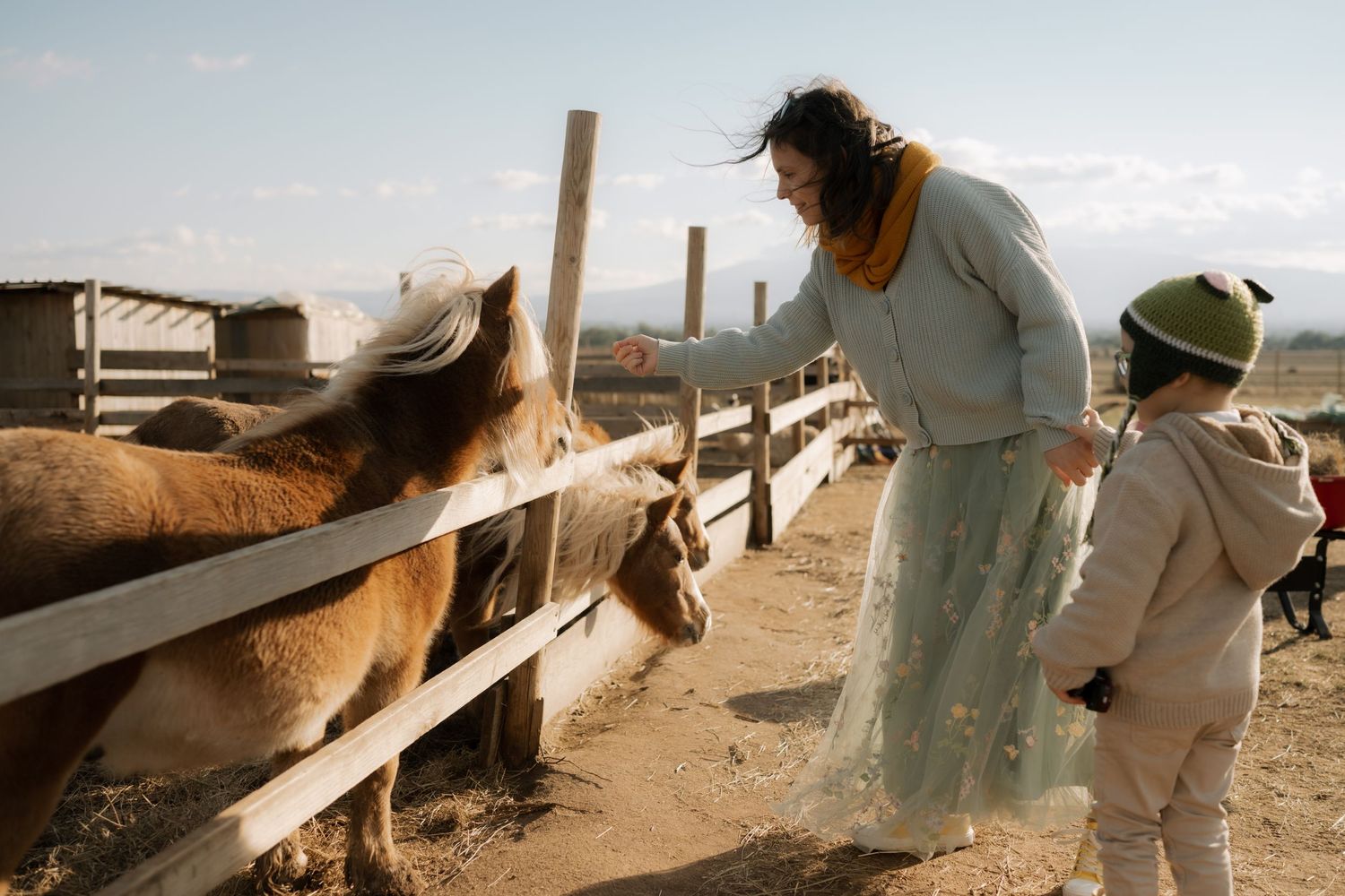 Two people interact with horses at a wooden fence on a dusty ranch during a sunny day.