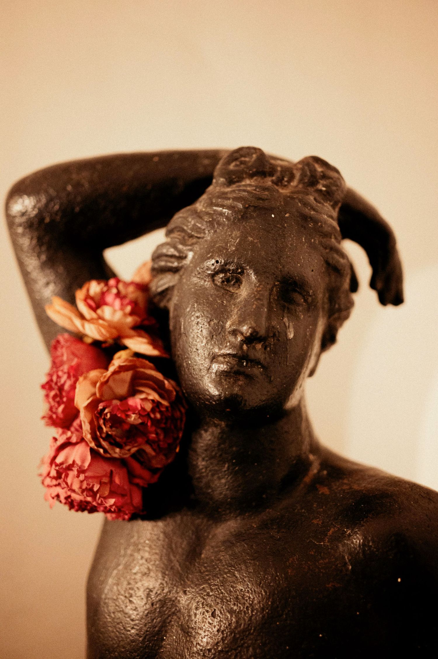 Bronze classical statue bust with dried red roses against a sepia background.