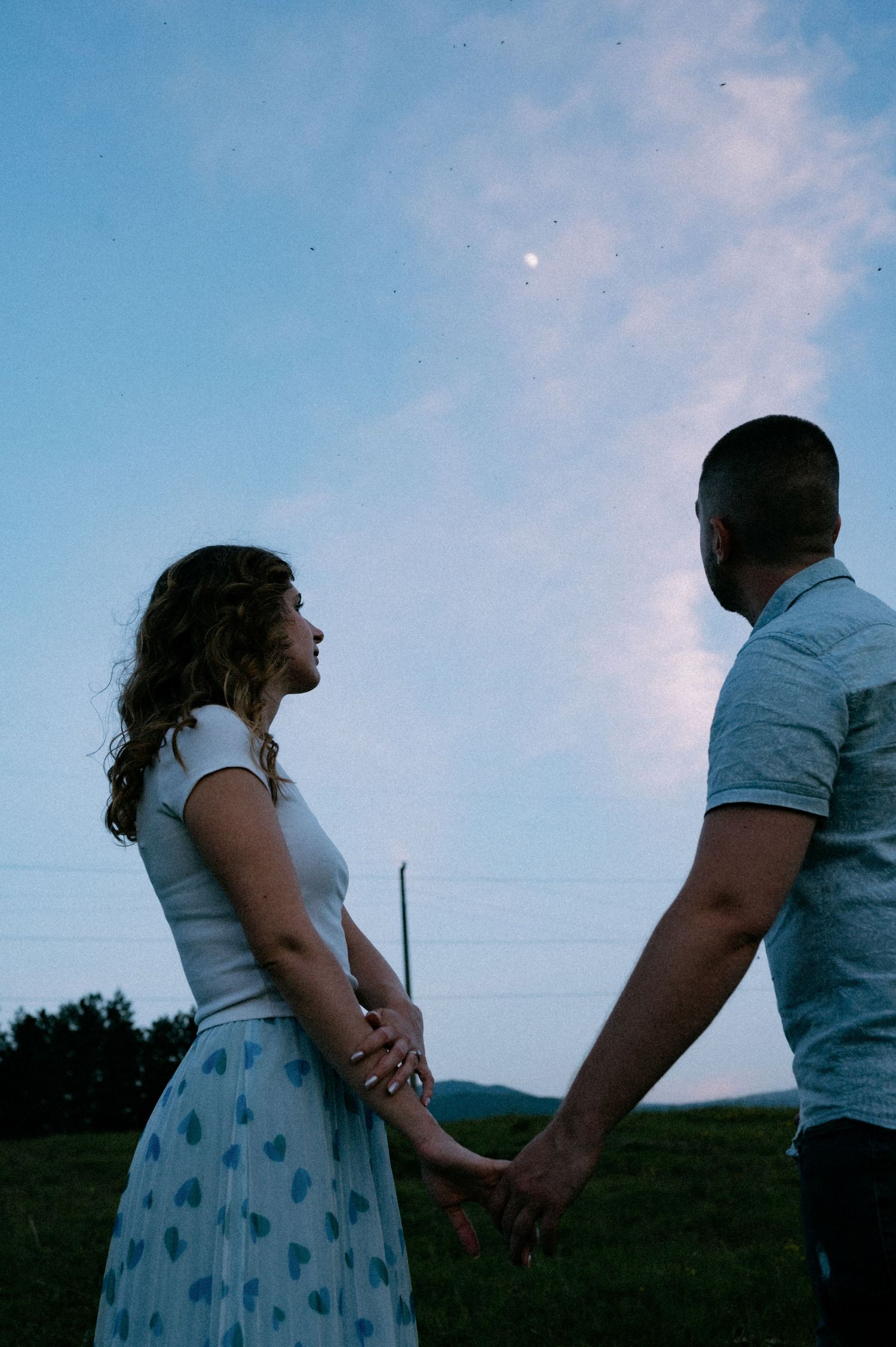 A silhouetted couple holds hands against a dusky blue sky backdrop.