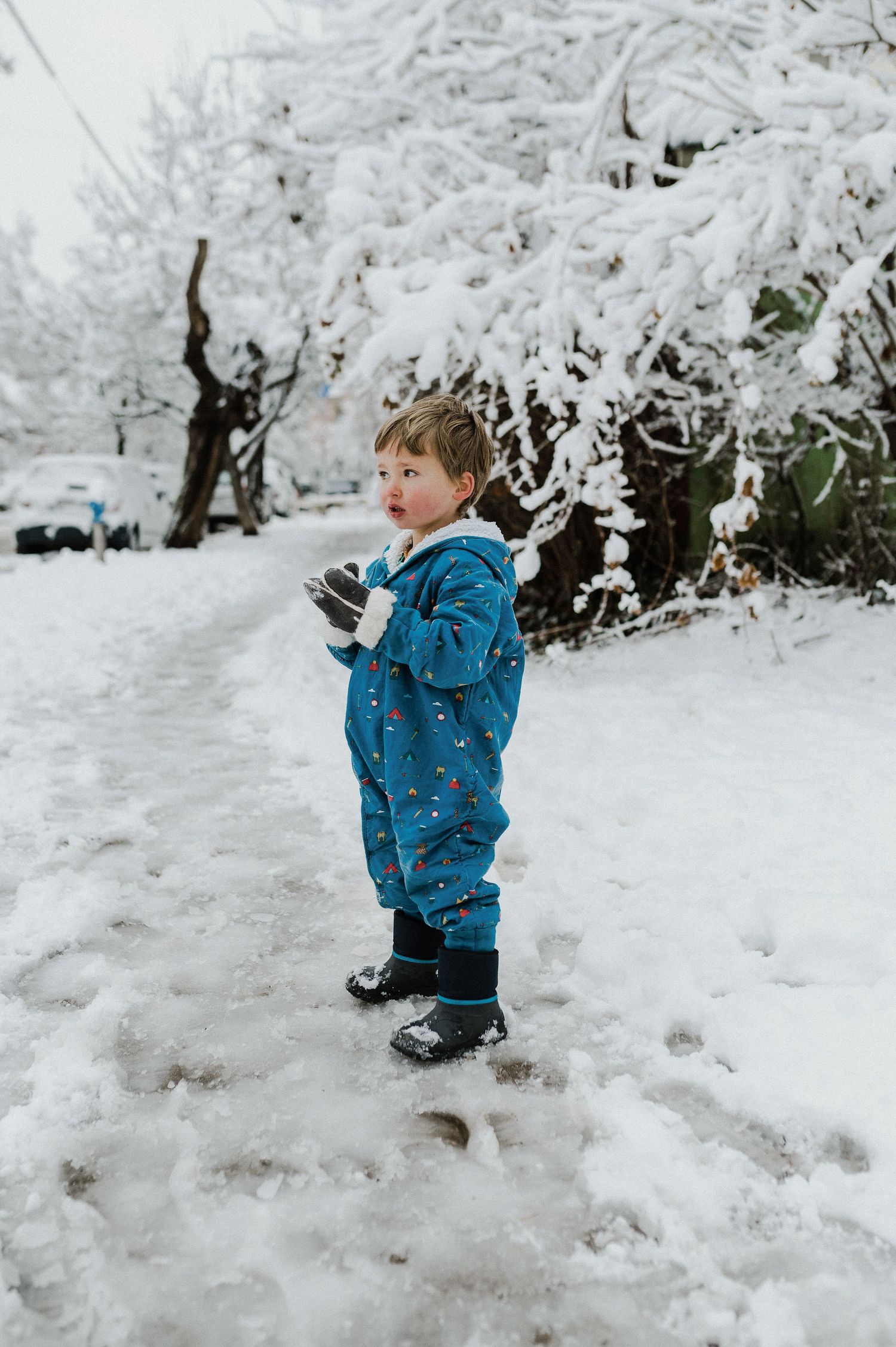 A small child in a blue snowsuit stands in a snowy winter landscape with frost-covered trees in the background.