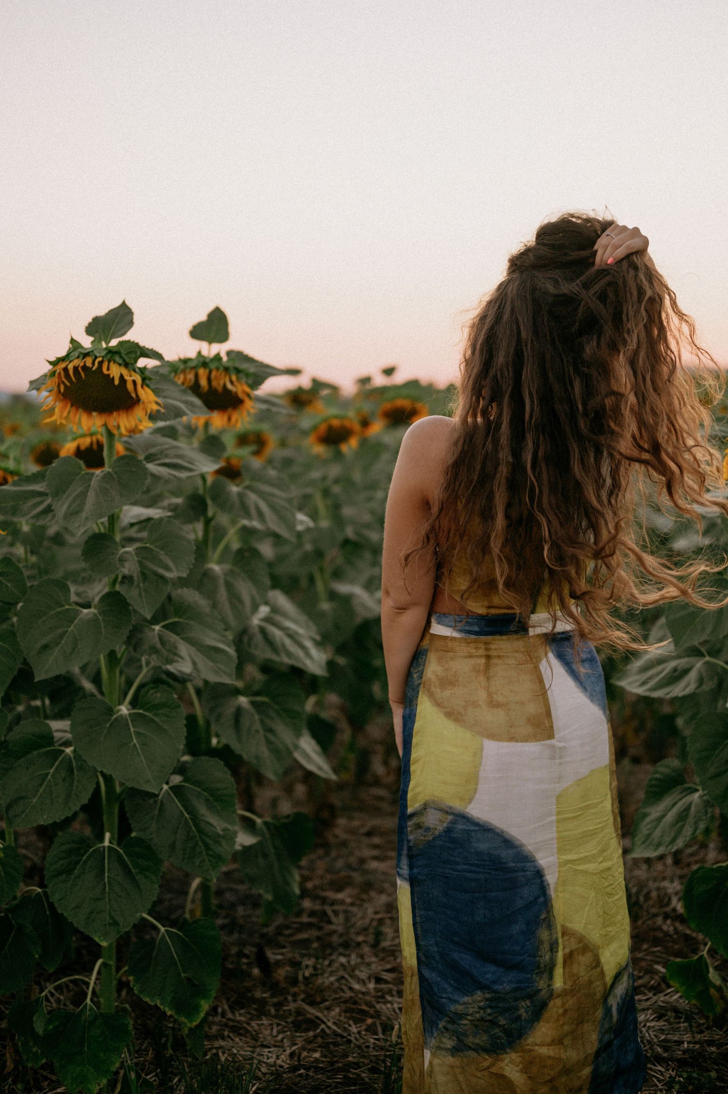 Woman in colorful maxi dress standing in a sunflower field at sunset, viewed from behind.