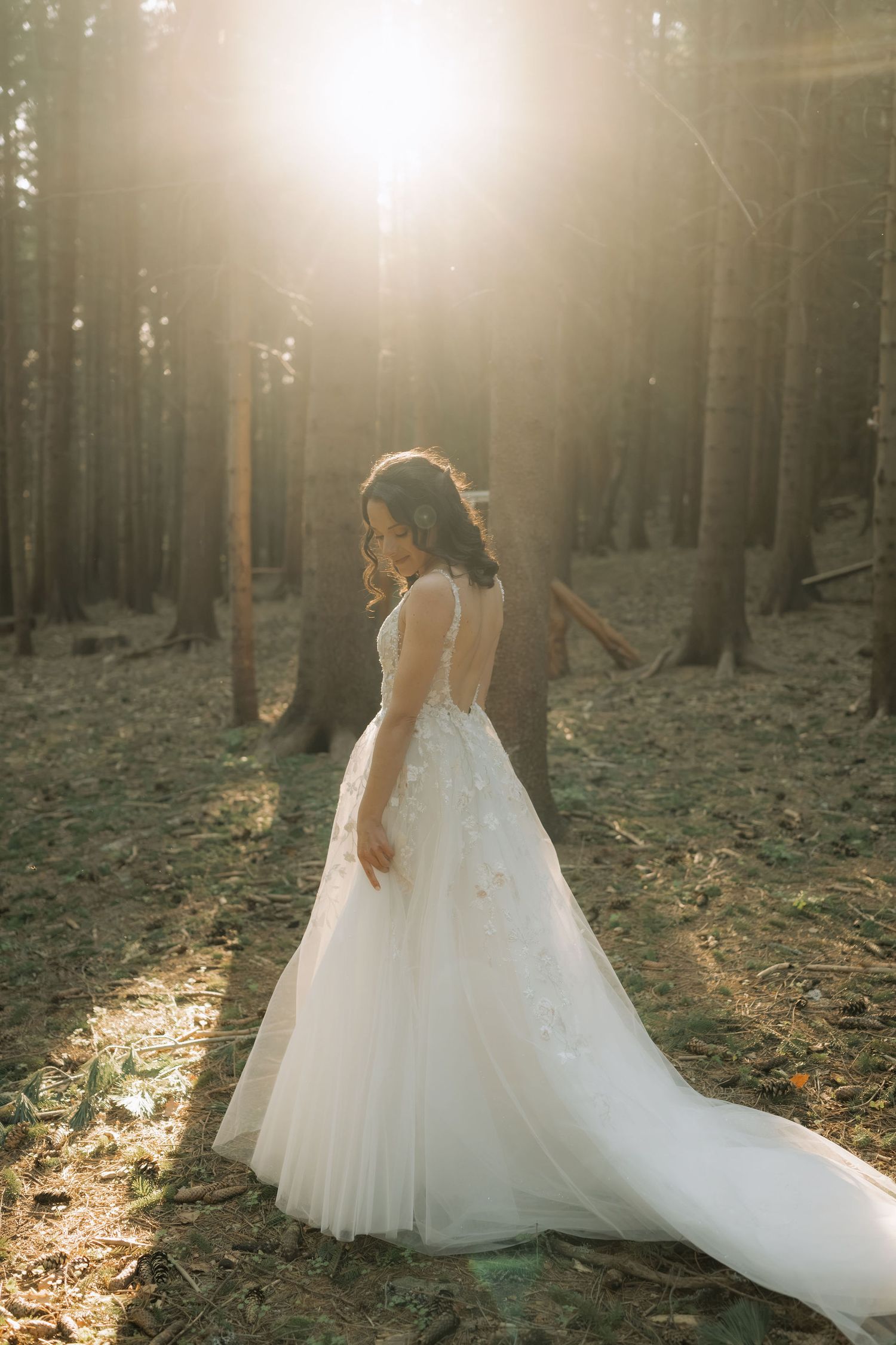 Bride in white floral ballgown with open back walks through sunlit forest, golden light streaming through tall trees.