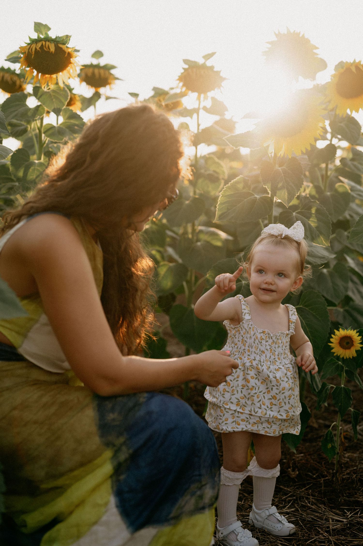 A mother and toddler girl share a joyful moment in a golden sunflower field at sunset.