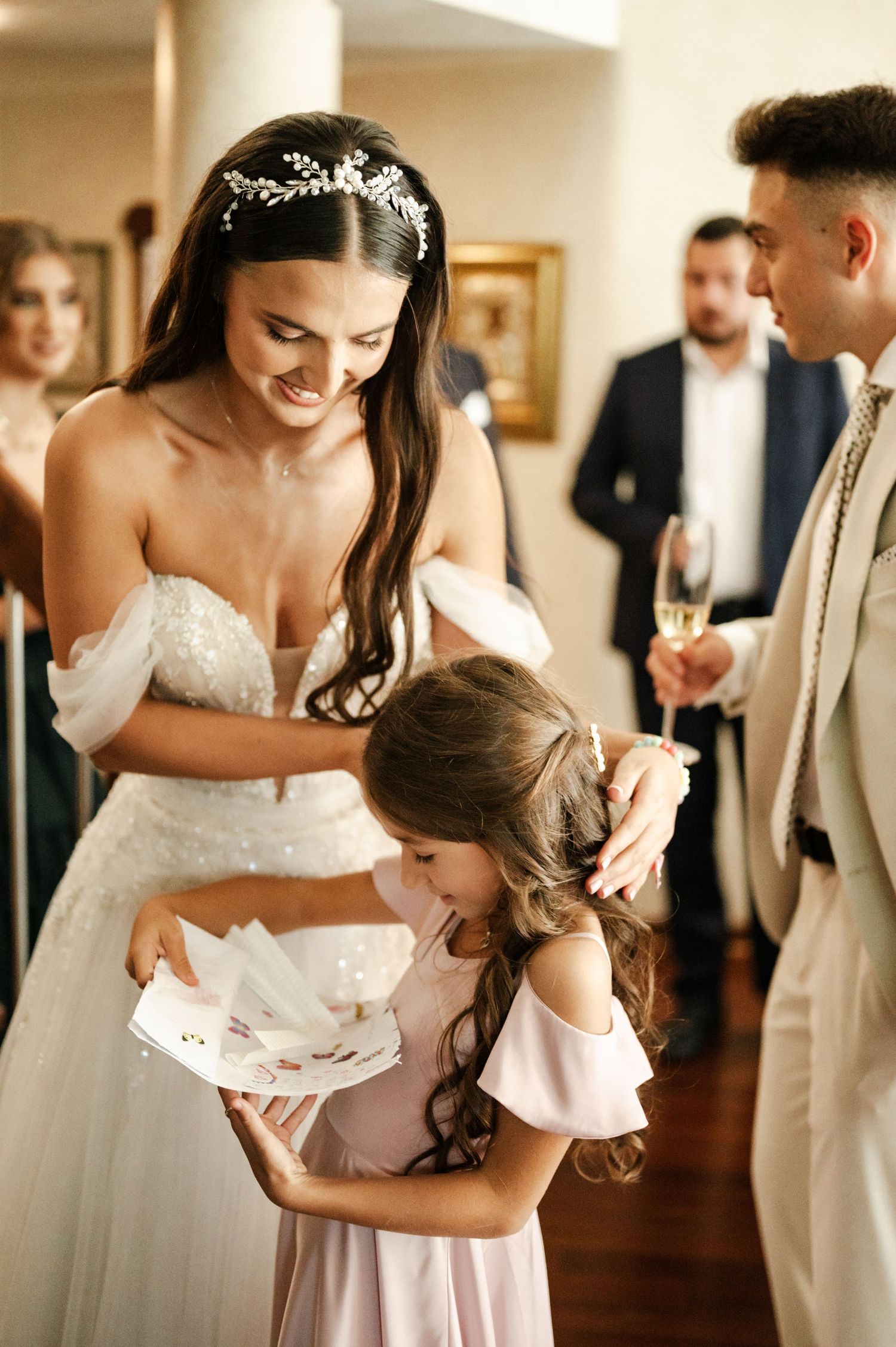 Tender moments shared between wedding attendees during a reception celebration.