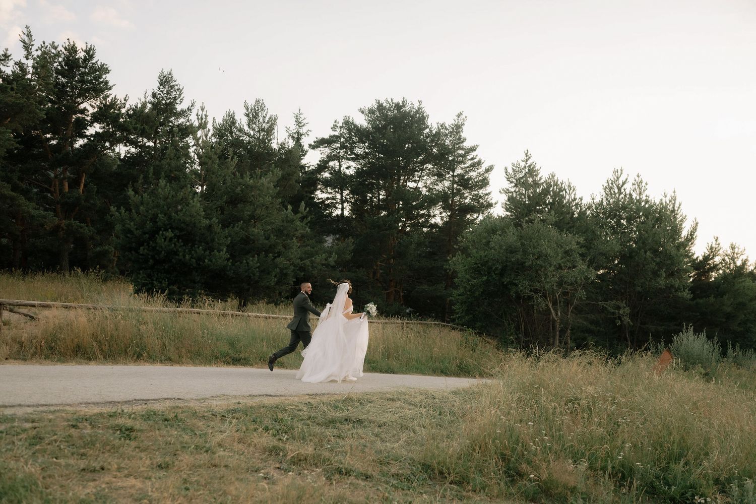 A couple walks through a grassy meadow with pine trees in the background during a wedding photo session.