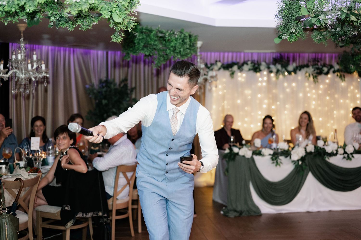 A collage of wedding reception photos showing dancing, decorations, and guests celebrating at an indoor venue.
