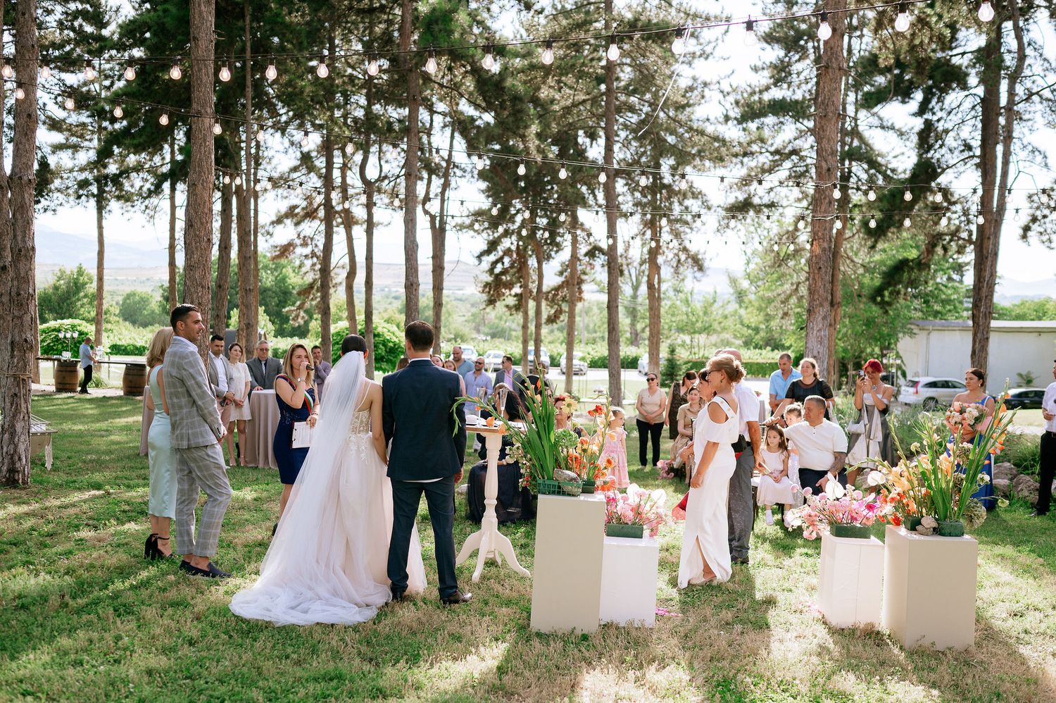 Panoramic view of outdoor wedding ceremony setup in a pine forest with white decorations.