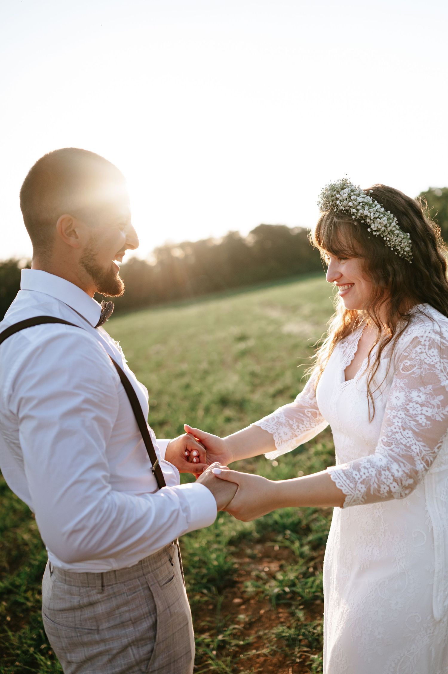 A series of candid wedding moments captured during golden hour in a rustic field setting.