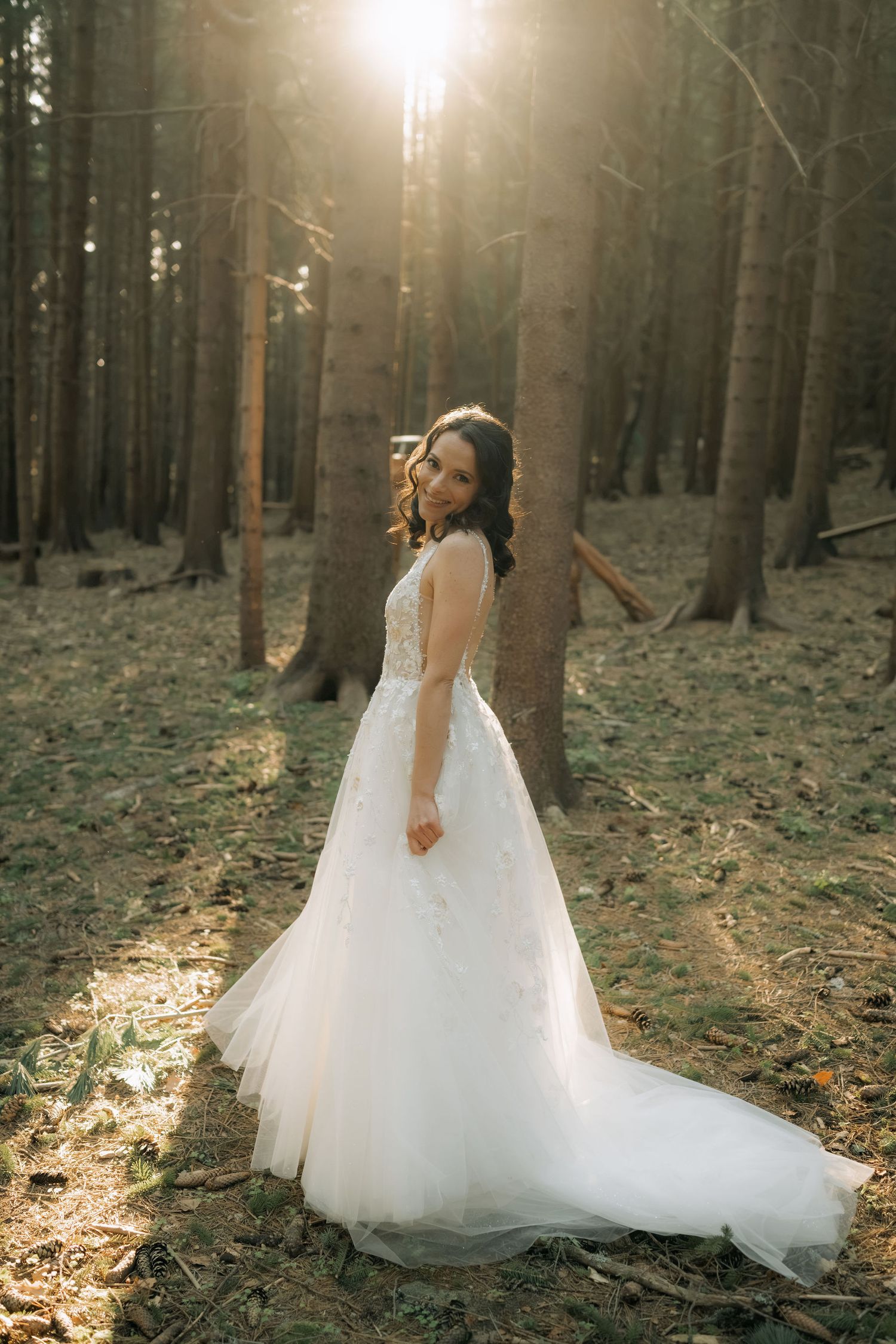 Bride in white lace ball gown poses in sunlit forest with tall pine trees creating a magical golden backdrop.
