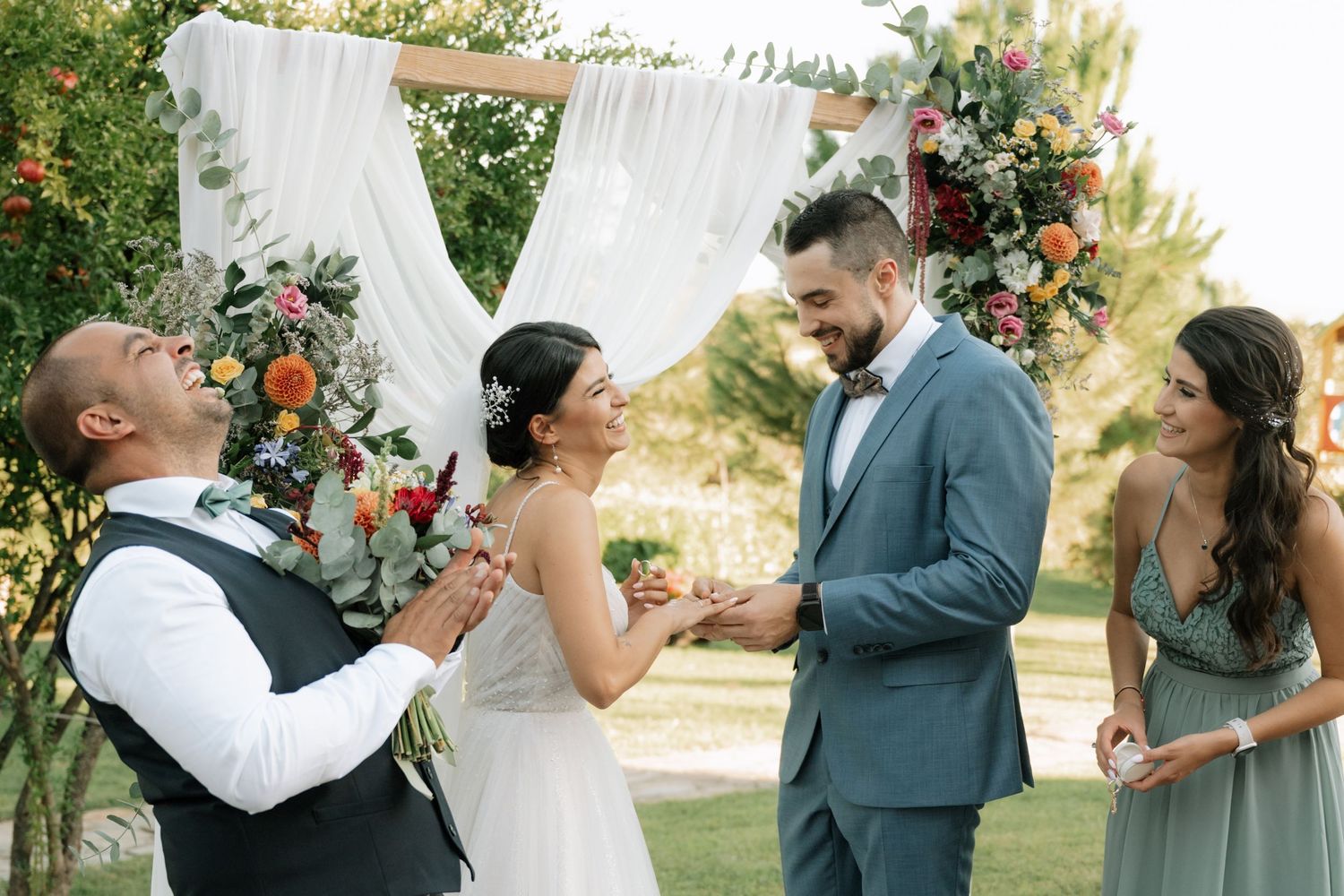 A romantic wedding photo collage showing couples sharing intimate moments in an outdoor garden setting.