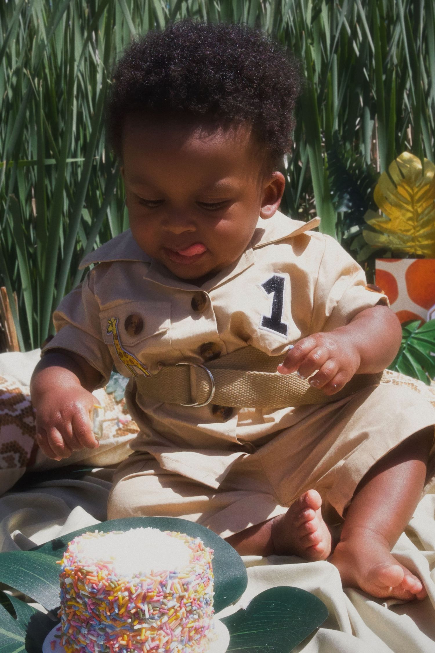 Baby in tan outfit with number 1 sits outdoors near green plants with a colorful sprinkle-covered first birthday cake.