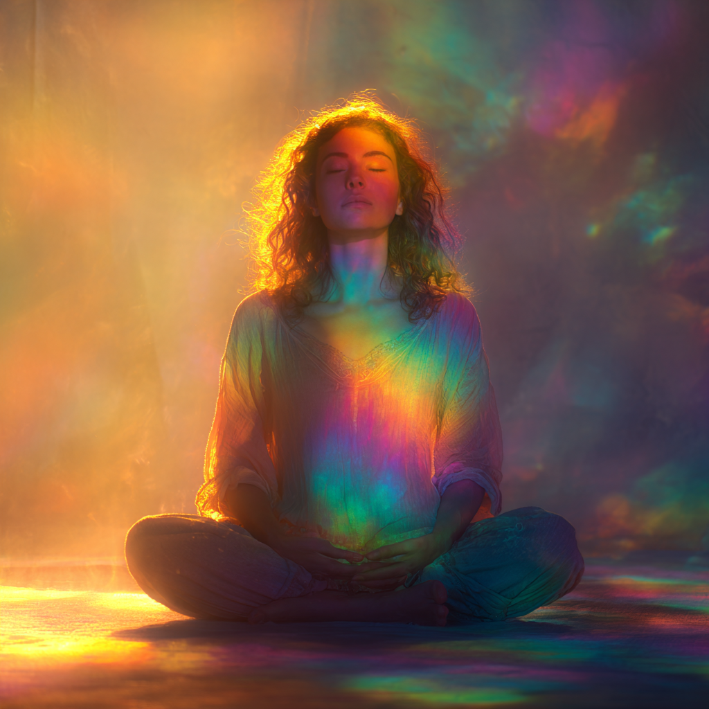 Woman meditating in rainbow aura light showing chakra colours during energy photography session at Inner Light Aura Photography.