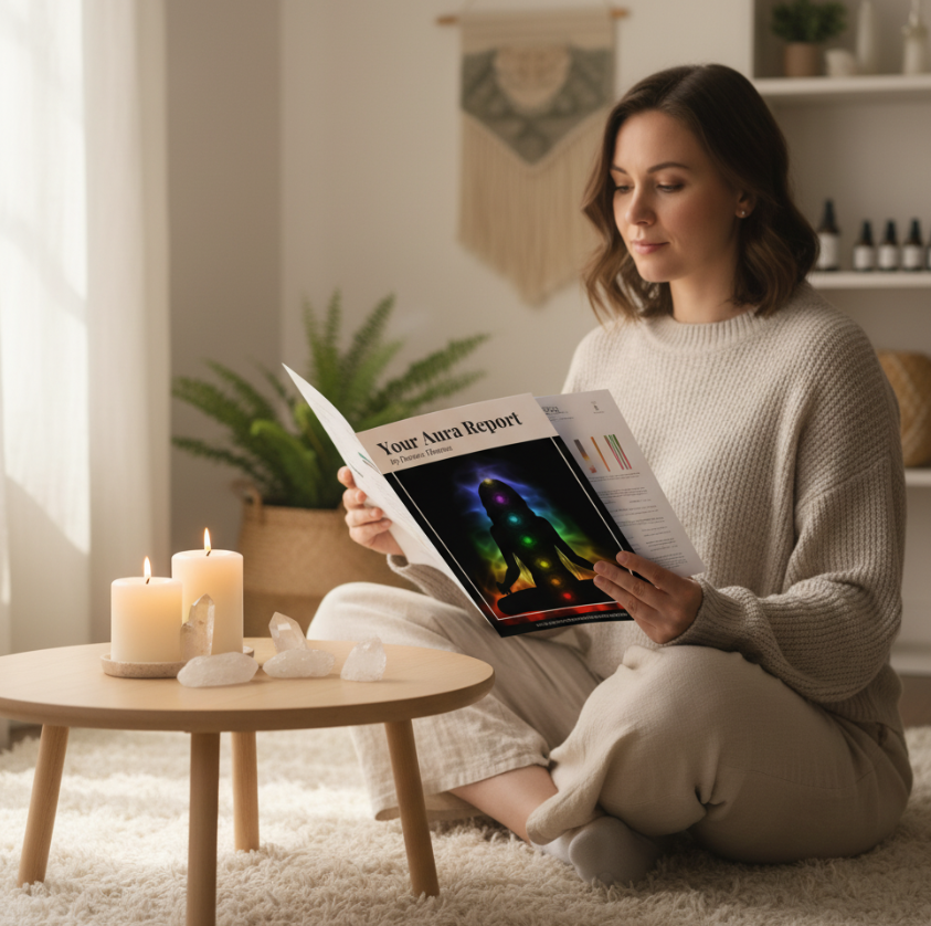 Woman reading personalised aura report with chakra analysis and crystals on table at Inner Light Aura Photography.