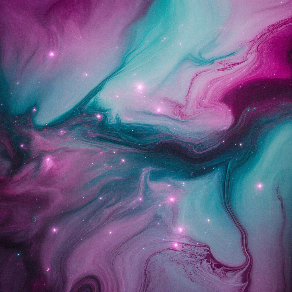 Ethereal galaxy-like fluid art in purple, turquoise and pink tones, symbolising energy flow, aura frequency and chakra balance.